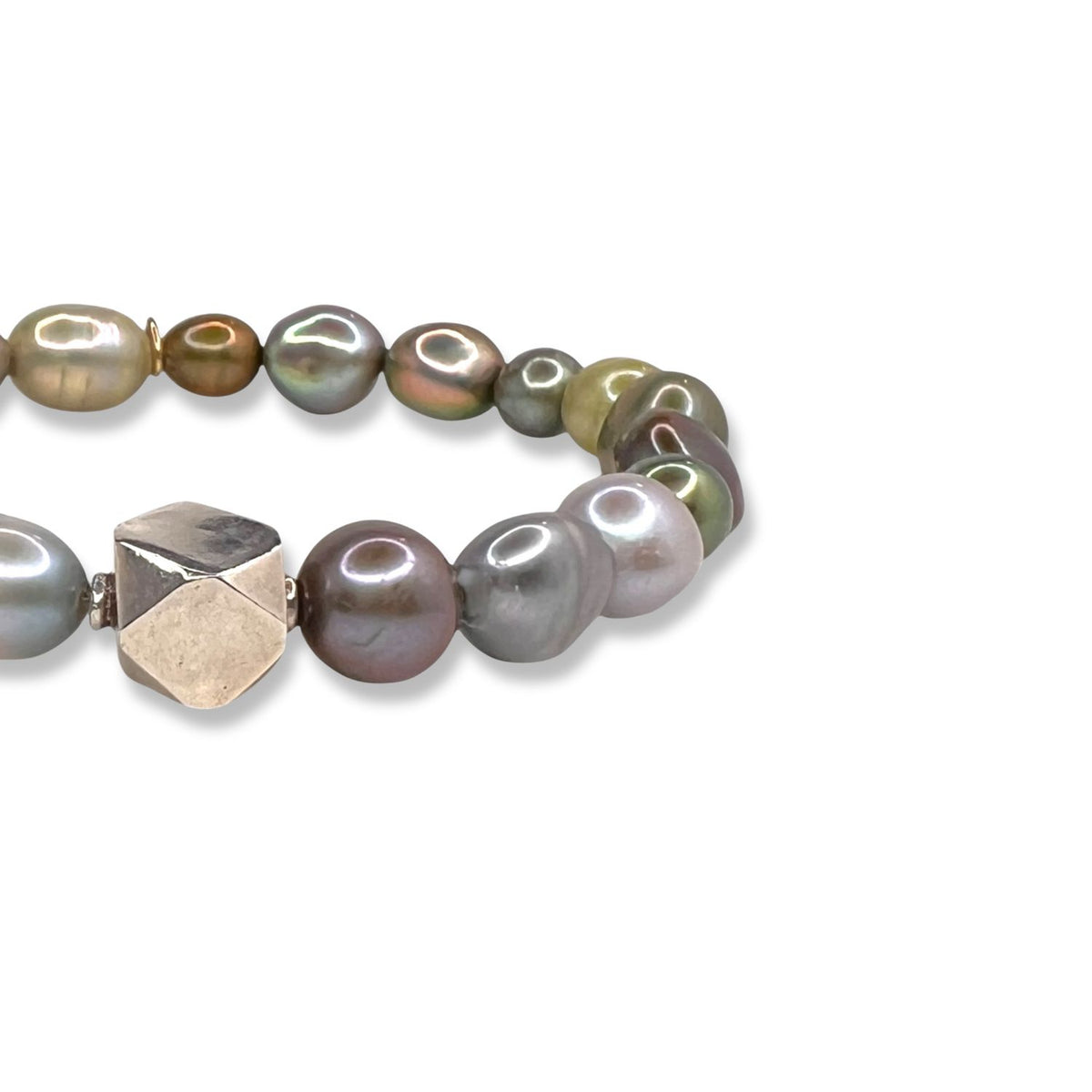 The Seabed Pebble Stretch Bracelet by JAREDJAMIN Jewelry Online features lustrous, irregular freshwater pearls in gray, green, and brown with a large sterling silver hexagonal bead, shown on a white background.