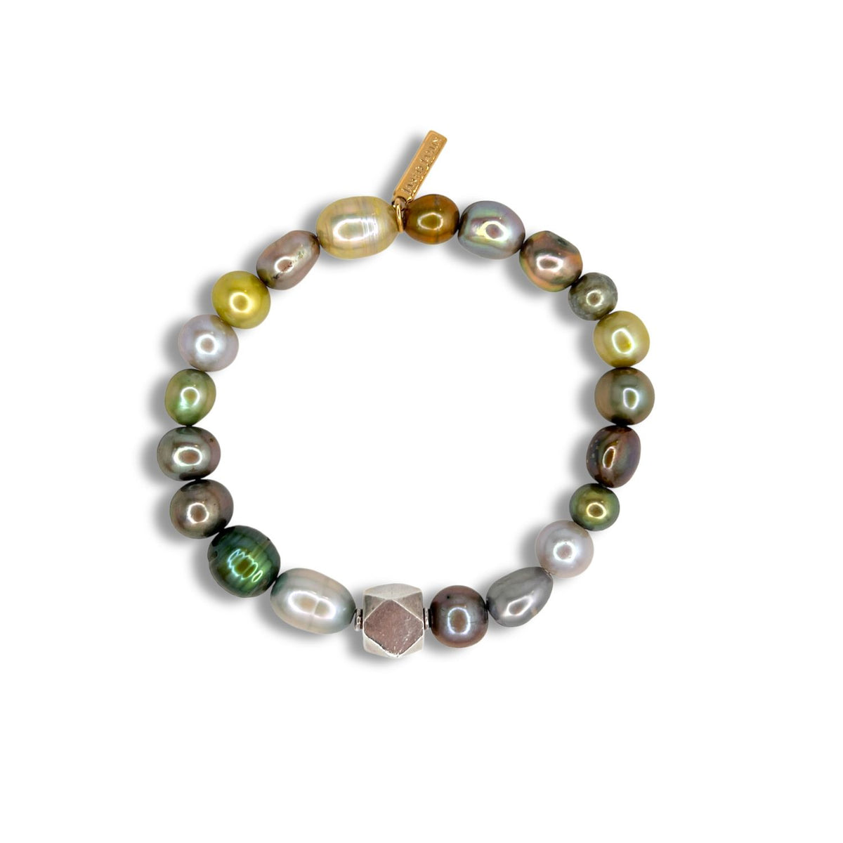 The Seabed Pebble Stretch Bracelet by JAREDJAMIN Jewelry Online features glossy, irregular freshwater pearls in green, yellow, brown, grey, and white, plus a faceted metallic bead and a gold rectangular tag with engraved text.