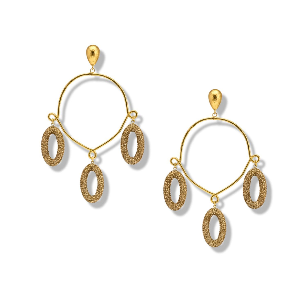 The Seraphina Chandelier Post Earrings by JAREDJAMIN Jewelry Online feature 18k gold-tone metal, teardrop-shaped studs, open hoops, and three textured oval dangles each—statement jewelry shown against a plain white background.