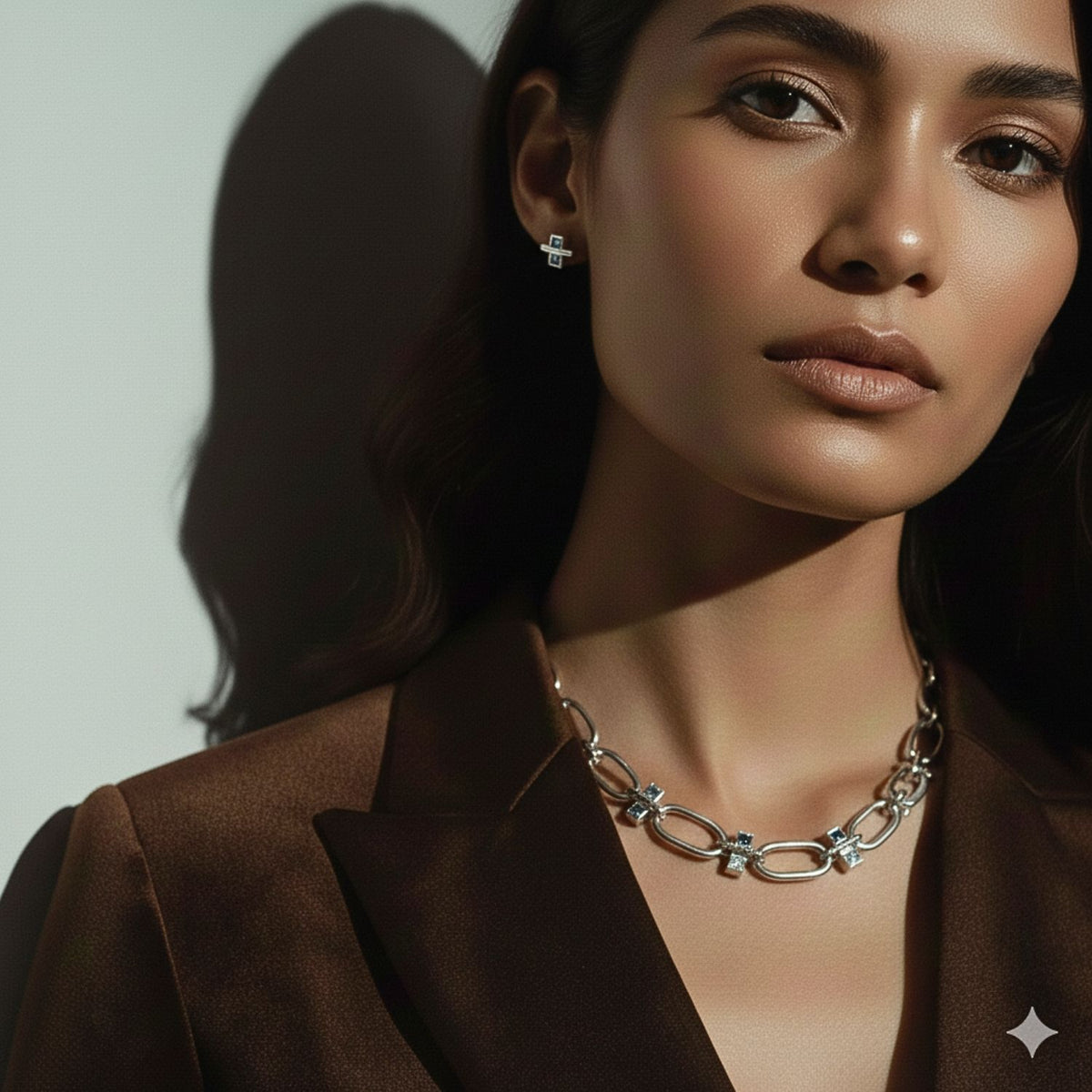 A woman in a brown blazer faces the camera, wearing the Silver Reign Collier Necklace by JAREDJAMIN Jewelry Online and small geometric earrings. Her natural makeup and loose waves catch soft light, casting a subtle shadow behind her.