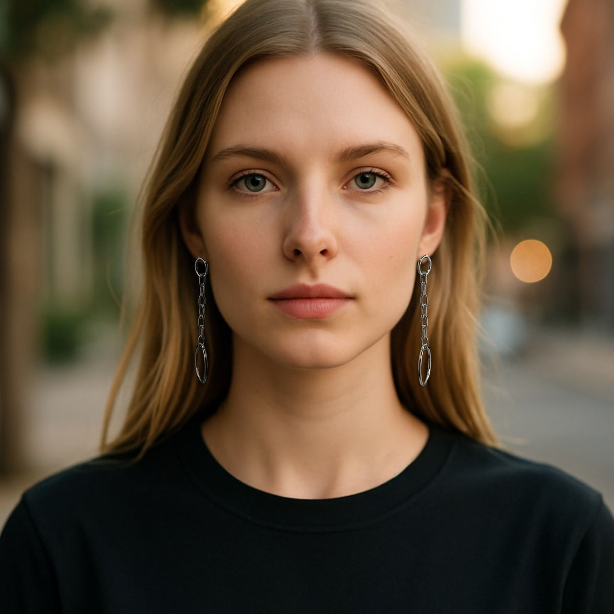 Un young woman avec straight blonde hair et blue eyes stands sur un city street wearing a black shirt et JAREDJAMIN Bijoux en Ligne's argent chaîne Reaction pendante Post boucles d'oreilles. Les softly blurred background features warm lighting avec buildings et trees.