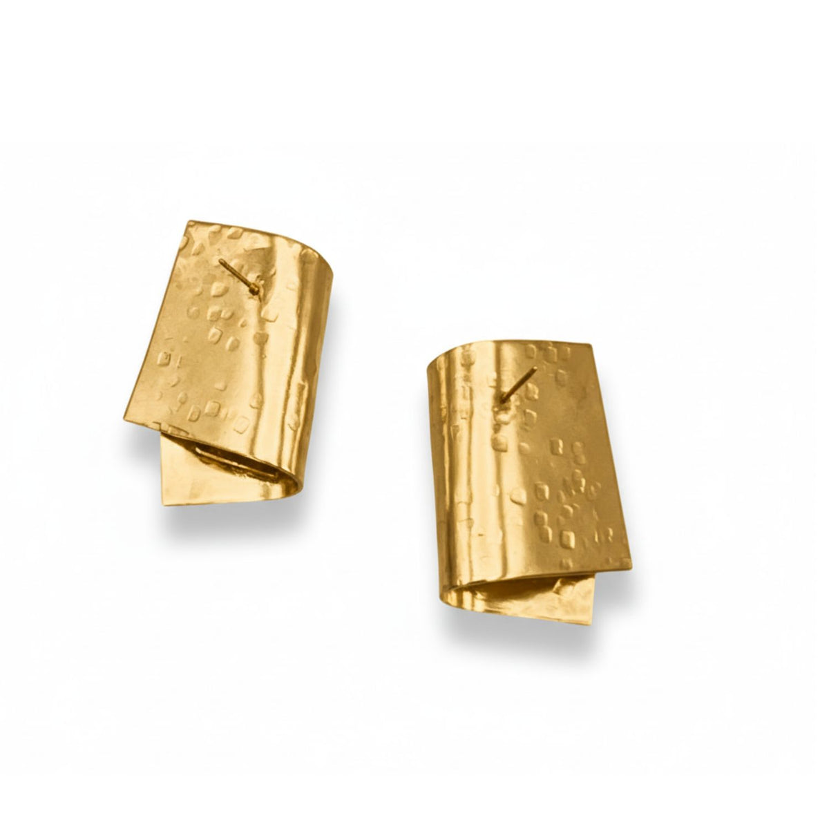Gold Fold Over Post Earrings by JAREDJAMIN Jewelry Online feature a folded, layered 18k gold plated design with a matte finish, irregular dotted texture, and curved, overlapping edges for an artistic, statement look.