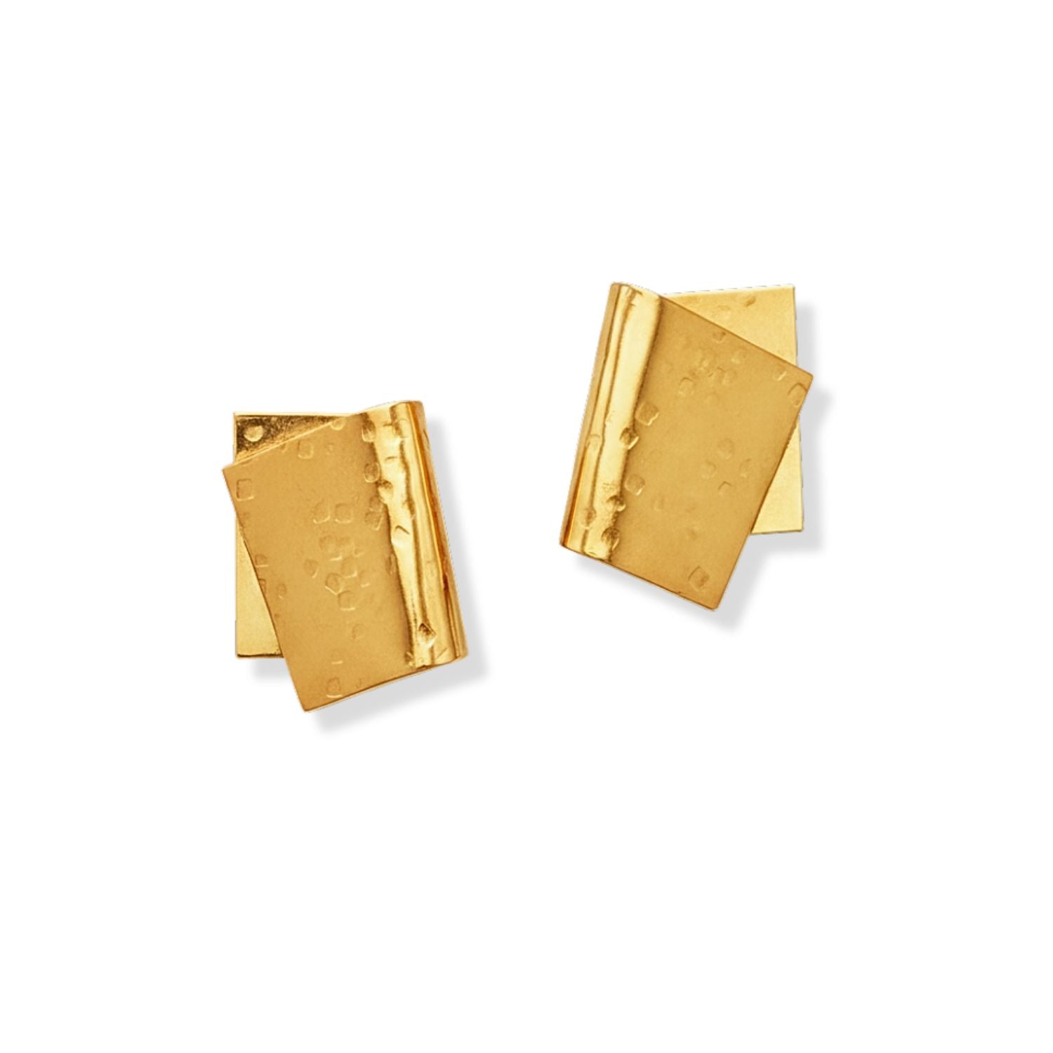 The Gold Fold Over Post Earrings by JAREDJAMIN Jewelry Online feature two overlapping 18k gold-plated rectangles—one hammered, one smooth—for a modern, minimalist geometric statement.