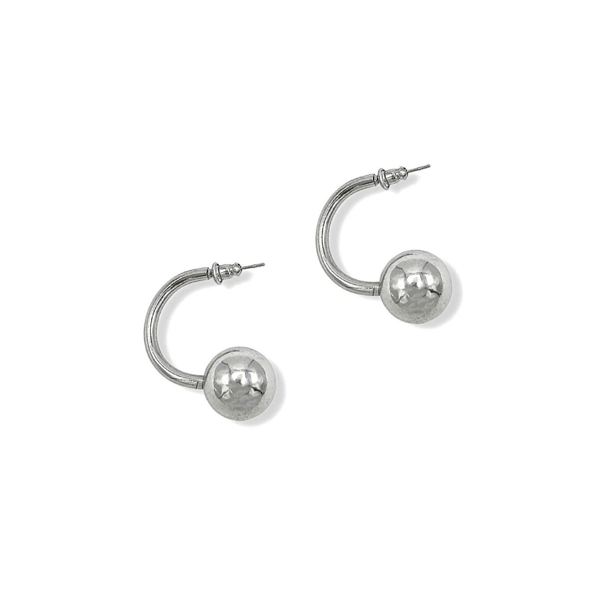 JAREDJAMIN Jewelry Online&#39;s Silver Orbita-U Post Earrings feature two minimalist silver hoops, each forming a partial hoop ending in a shiny round silver ball. Enhanced with white rhodium and secure earring posts, they rest on a plain white background casting soft shadows.