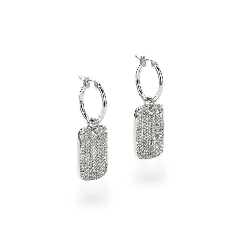 JAREDJAMIN Jewelry Online's Silver Robin Pave Charm Hoop Earrings feature silver-plated hoops with detachable rectangular, pavé-set charms encrusted with sparkling stones—ideal for everyday wear and shown on a white background.