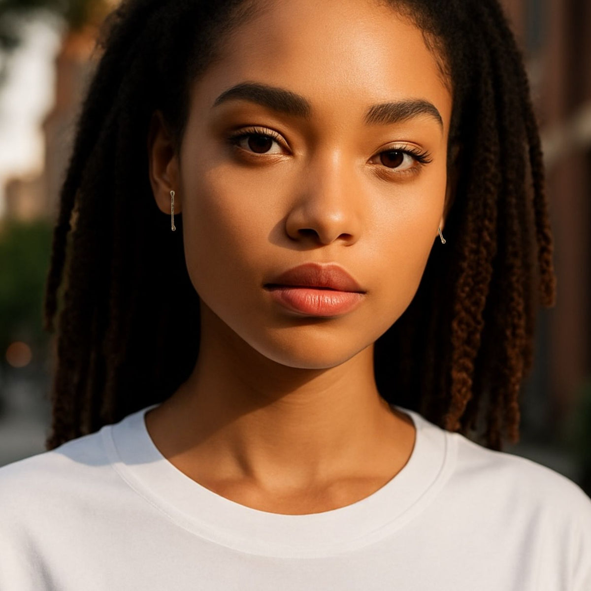 Un young woman con medium brown skin y long, texturizado hair stands outdoors in warm daylight, gazing at the camera. She wears a white shirt y JAREDJAMIN Joyería Online plata Stix Post pendientes. Los background is softly blurred con buildings y greenery.