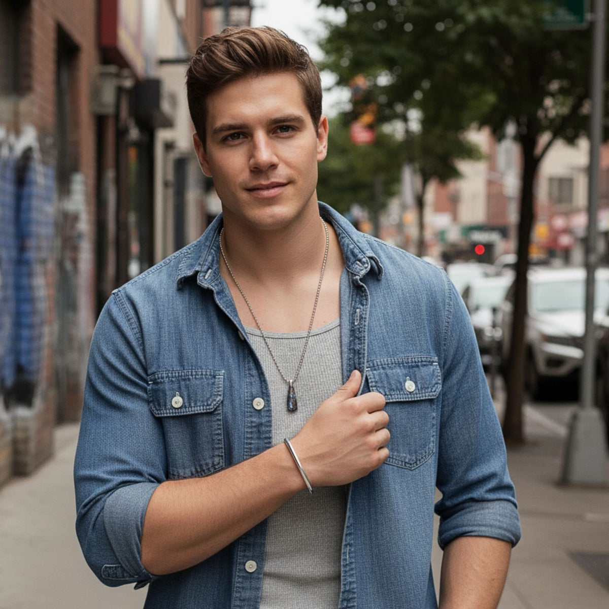 A young man with short brown hair stands on a city sidewalk, wearing a light gray shirt, blue denim button-up, and the Silver Tubular Cuff by JAREDJAMIN Jewelry Online. He smiles slightly at the camera; parked cars and trees are visible behind him.