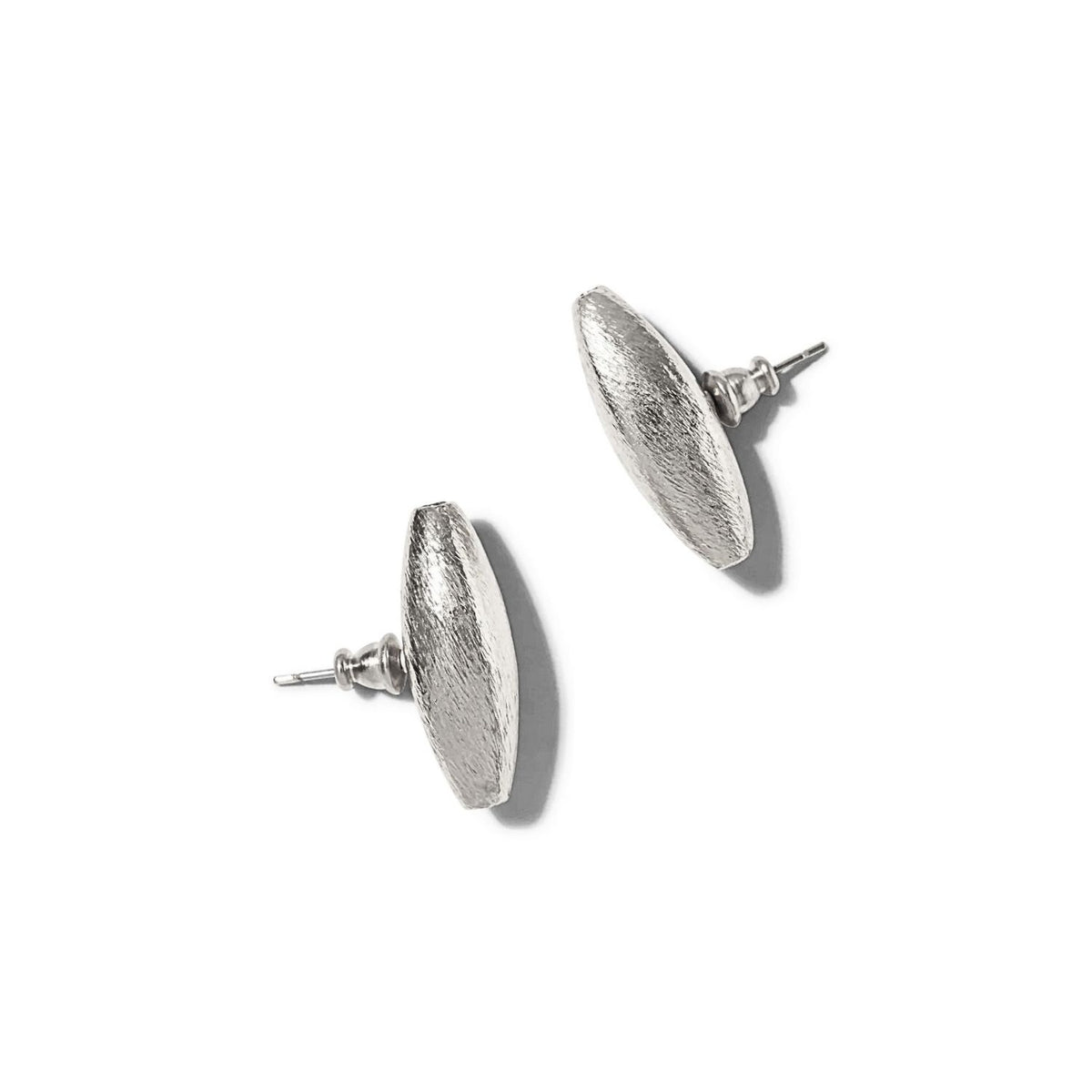 argent Zeppelin puce Post boucles d'oreilles présentent an oval, hollow design in brushed mat argent. Crafted from sustainable materials avec JAREDJAMIN’s signature texture. Artisanal, small-batch de luxe from West Hollywood; post backings shown front et side.