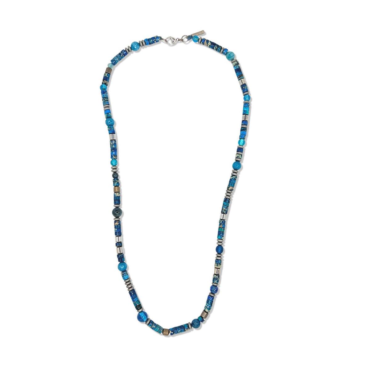 The Sur Side Jasper Beaded Necklace by JAREDJAMIN Jewelry Online features small cylindrical and round beads in blue, turquoise, Blue Sea Jasper, and silver-plated hematite with a simple silver hook-and-loop closure.
