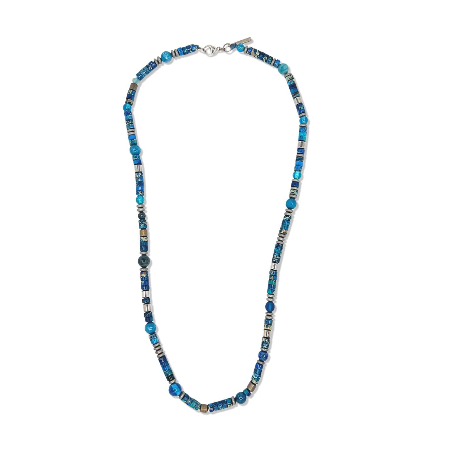 The Sur Side Jasper Beaded Necklace by JAREDJAMIN Jewelry Online features Blue Sea Jasper with assorted blue and turquoise heishi beads in various shapes, accented by metallic spacers and finished with a sterling silver clasp.