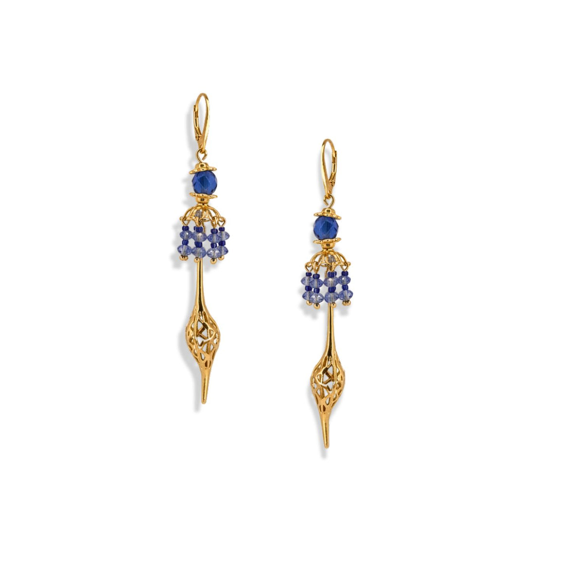 The Umbrella Blue Crystal Gold Oriental Earrings by JAREDJAMIN Jewelry Online feature gold-plated dangles with filigree teardrop pendants, clusters of faceted blue beads, and a larger blue bead at the top on gold hooks.