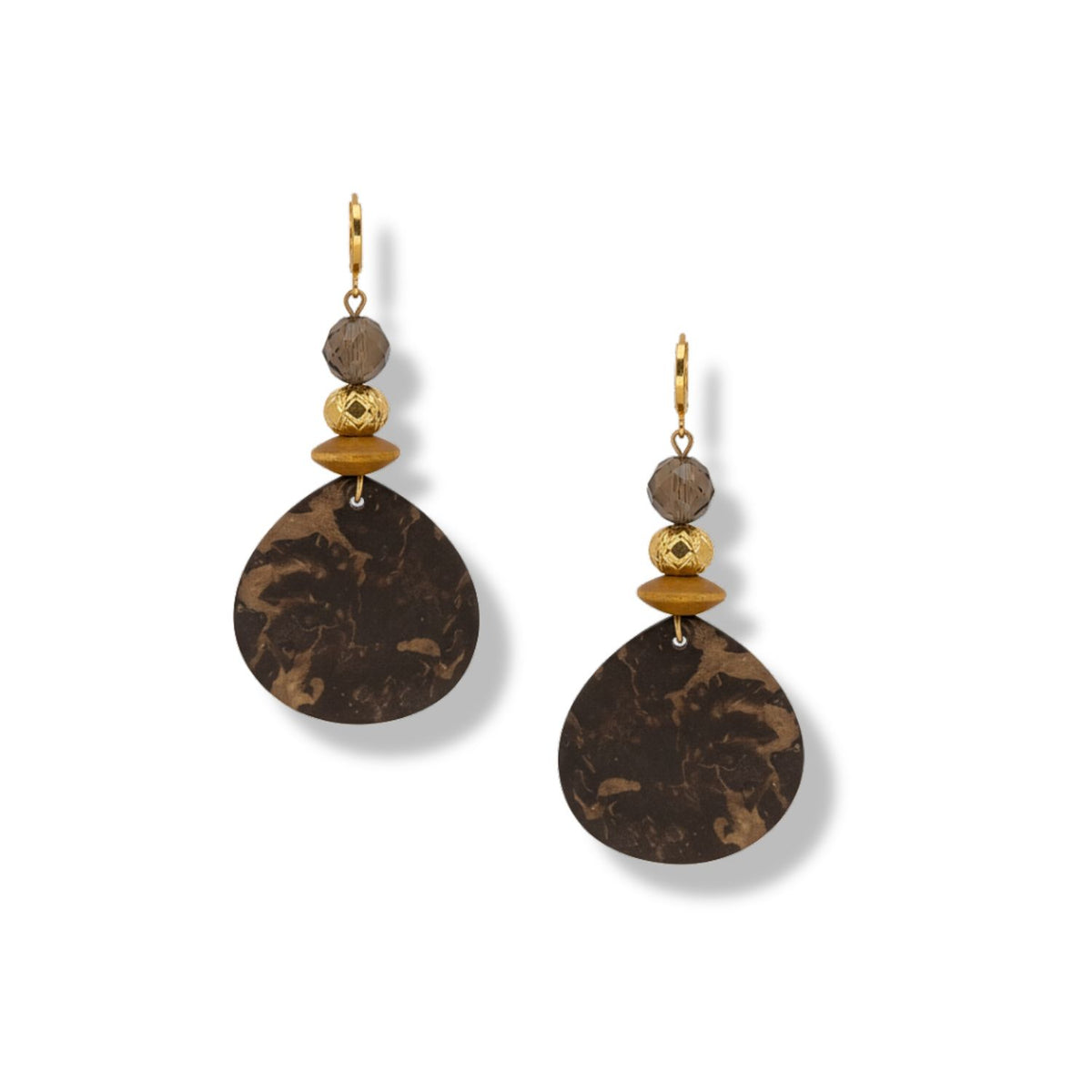 The Velvet Drops Jasper Earrings by JAREDJAMIN Jewelry Online feature large, marbled dark brown teardrop pendants with golden and gray faceted beads, a round gold bead, and gold-plated accents and hooks.