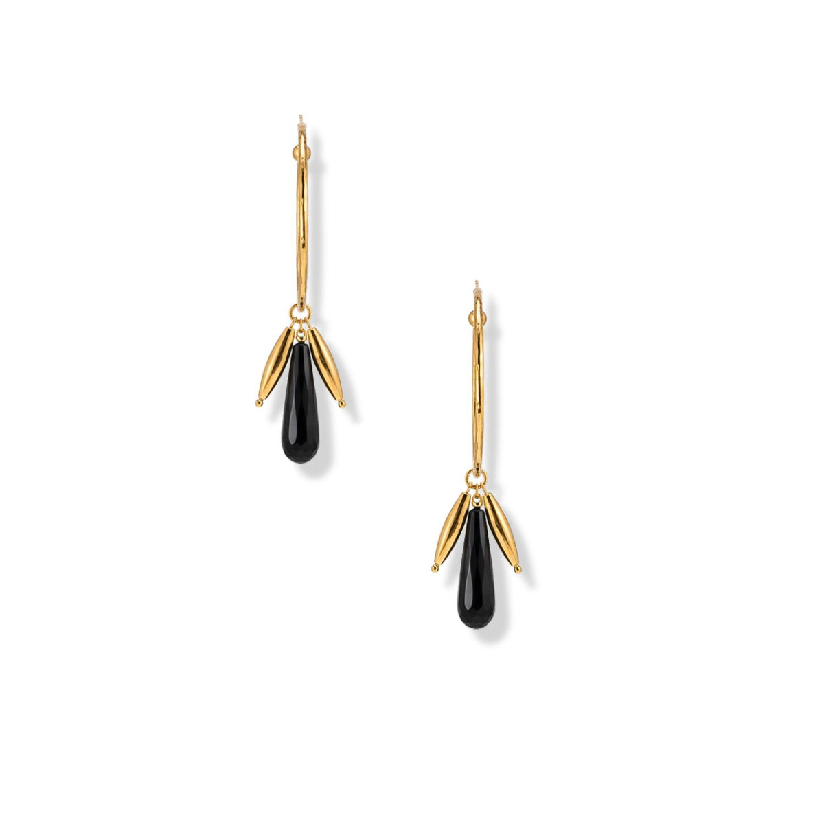 The Small Hooptastic Wisteria Charm Gold Hoop Earrings by JAREDJAMIN Jewelry Online feature elongated black teardrop stones and three hammered gold petals on slim gold hoops, displayed against a white background.