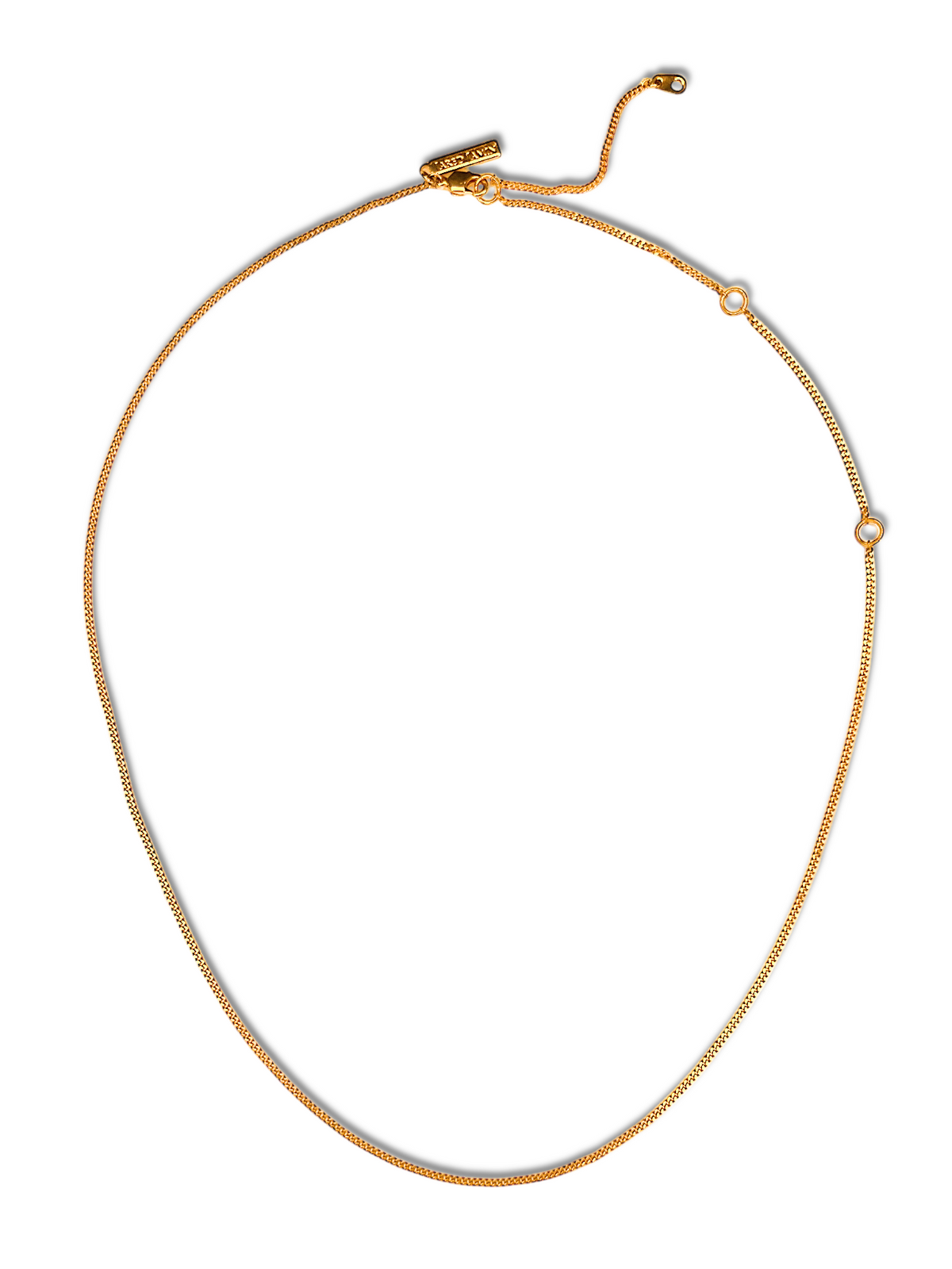 The Whisper Adjustable Chain Necklace by JAREDJAMIN Jewelry Online features a delicate gold chain with an adjustable clasp and three small loops for versatile wearing styles. Its smooth, shiny surface subtly reflects light against a white background.