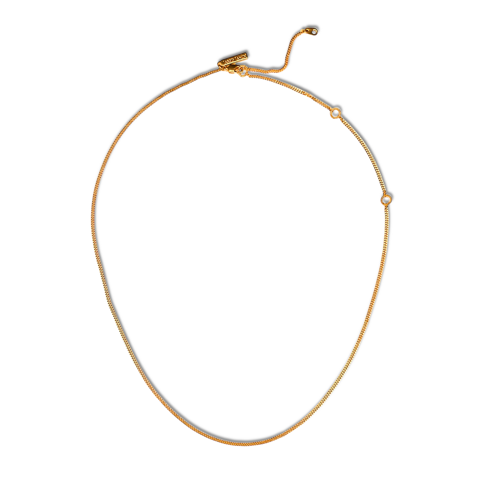 The JAREDJAMIN Jewelry Online Whisper Adjustable Chain Necklace features a slim gold chain with a simple clasp, small adjustable extension, and two round rings for attaching your favorite necklace pendant charms. Displayed oval-shaped on a white background.