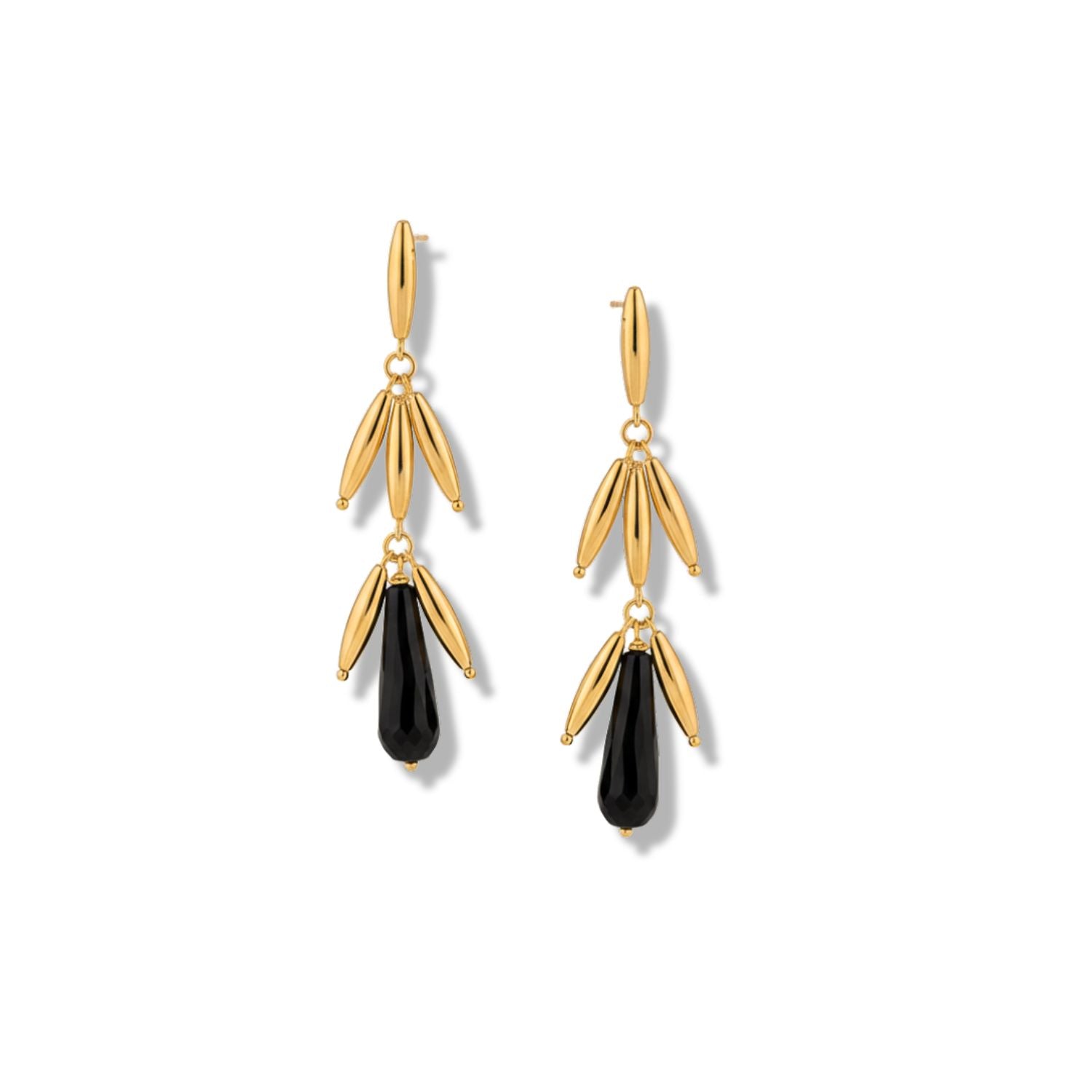 The Wisteria Branch Dangle Earrings by JAREDJAMIN Jewelry Online feature three elongated gold ovals stacked above a teardrop onyx stone with leverback closures, creating an elegant cascading look against a plain white background.
