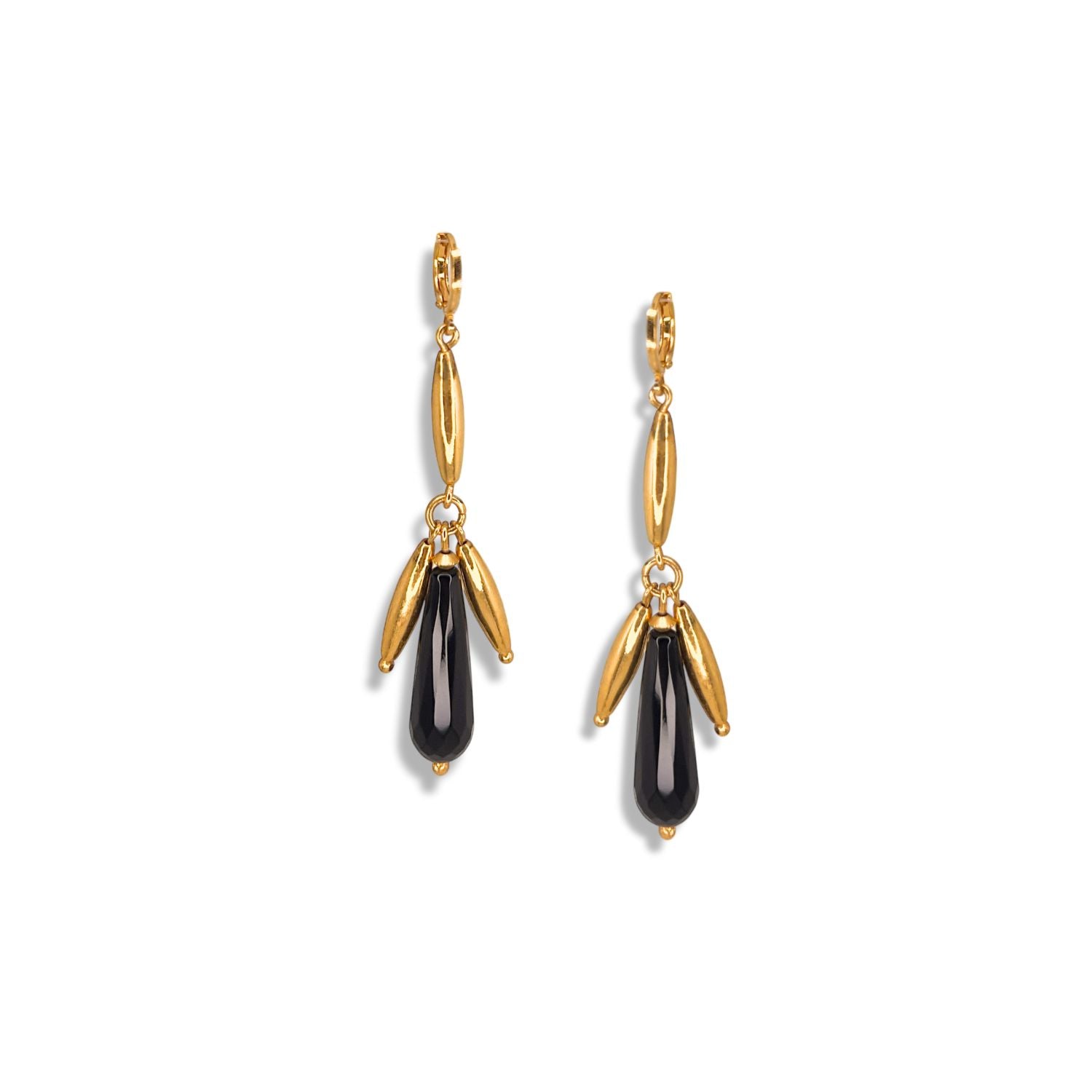 The Wisteria Dangle Leverback Earrings by JAREDJAMIN Jewelry Online feature gold-toned elongated oval links and teardrop black pendants in a symmetrical, elegant design with secure leverback closures against a plain white background.