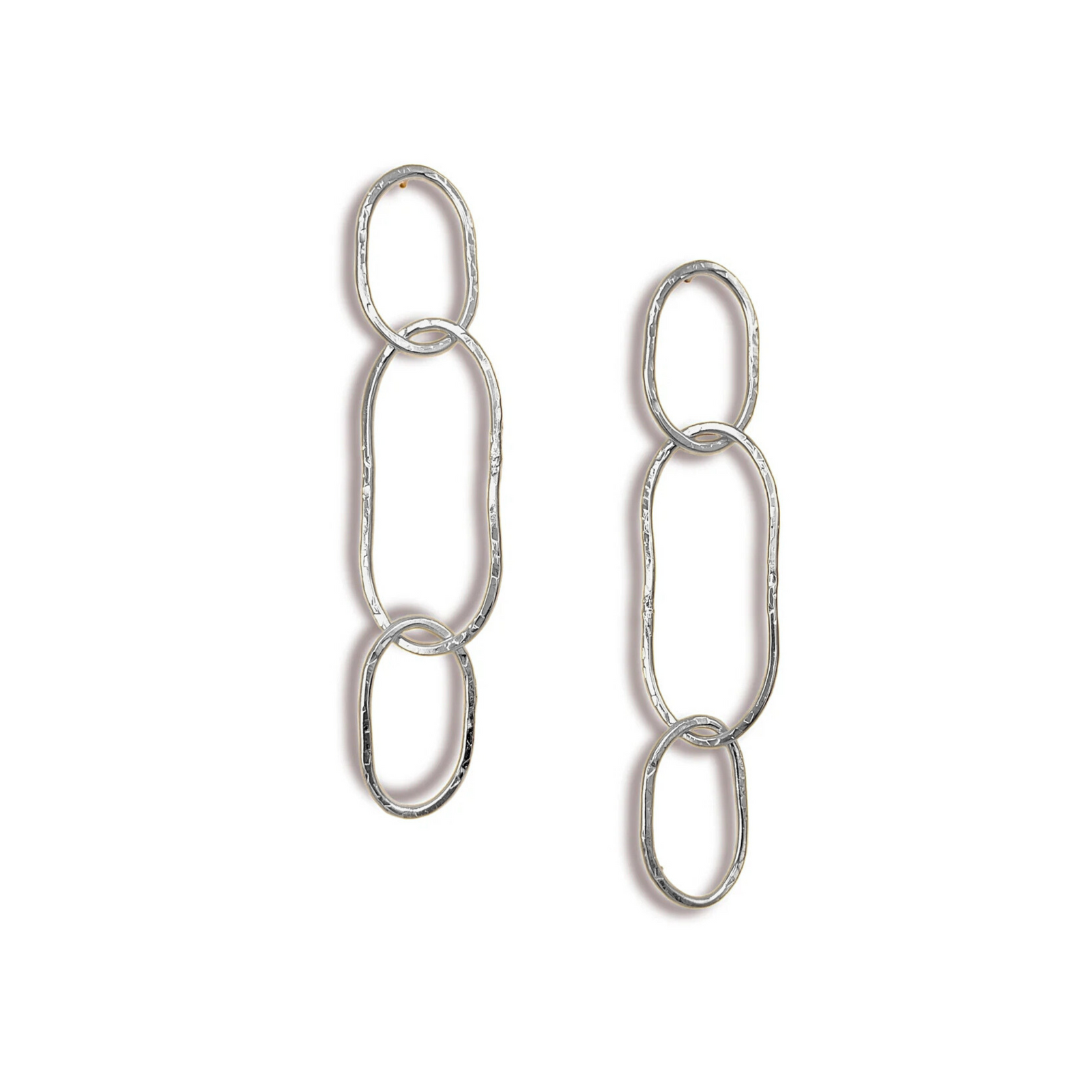 The Shackle Link Dangle Post Earrings by JAREDJAMIN Jewelry Online feature three hammered, handcrafted, interlocking oval links in a vertical design, displayed on a plain white background.