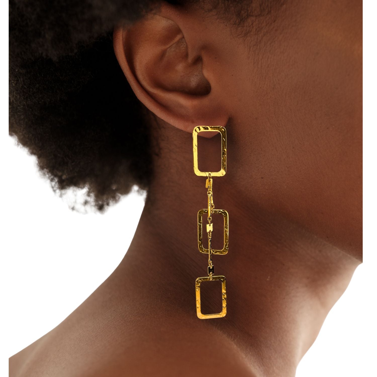 The Lattice of Gladys Double-Tiered Dangle Post Earrings by JAREDJAMIN Jewelry Online feature two linked, hammered gold rectangles hanging vertically against a white background.