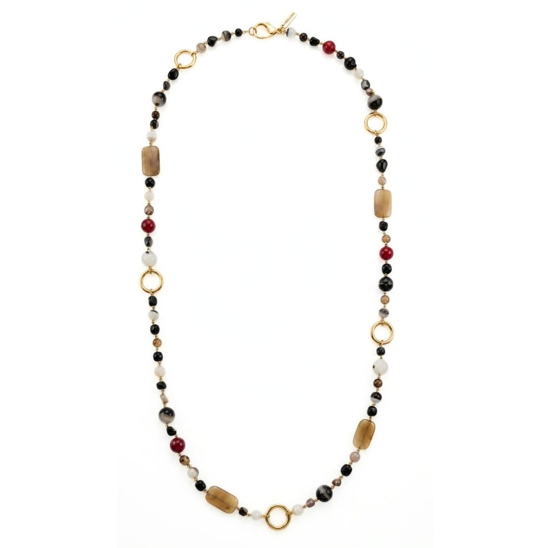 The Via Condotti Necklace by JAREDJAMIN Jewelry Online — a long beaded necklace of black, white, and red beads with horn-tone rectangular beads and gold-tone rings, shown on a white background.