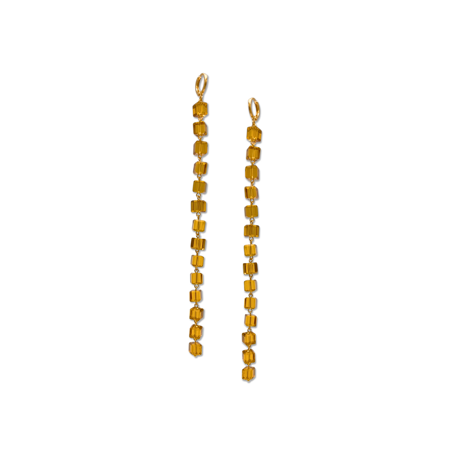 The Amber Building Block Drop Earrings by JAREDJAMIN Jewelry Online feature 18K gold-plated, square beads stacked vertically for a sleek, elegant look. These lightweight earrings stand out beautifully against a plain white background.