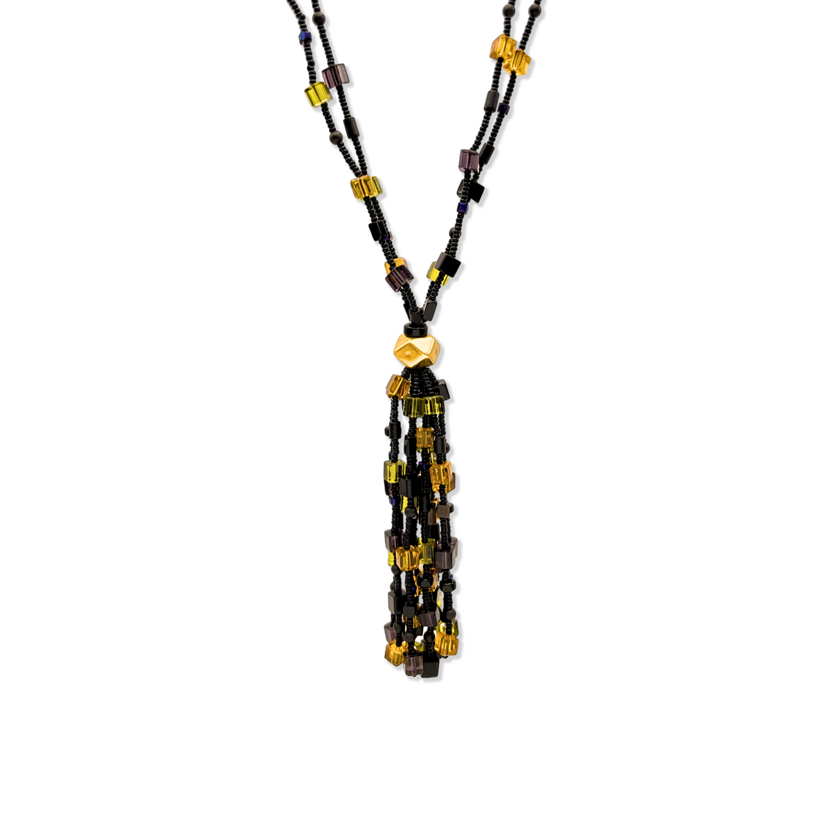 Les Cubism Tassel collier de JAREDJAMIN Bijoux en Ligne features two strands of small black et or beads joined at a central geometric or bead, avec multiple clustered tassels of matching beads pour un decorative look.