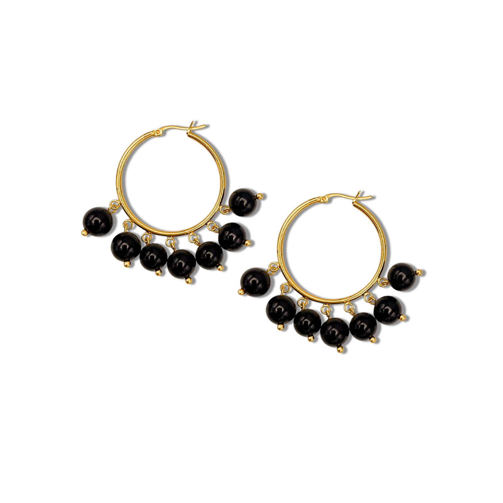 The Daniela Hoop Onyx Earrings by JAREDJAMIN Jewelry Online feature 18K gold hoops with six evenly spaced round onyx beads on each, attached by small gold links and secured with a latch closure, shown against a white background.