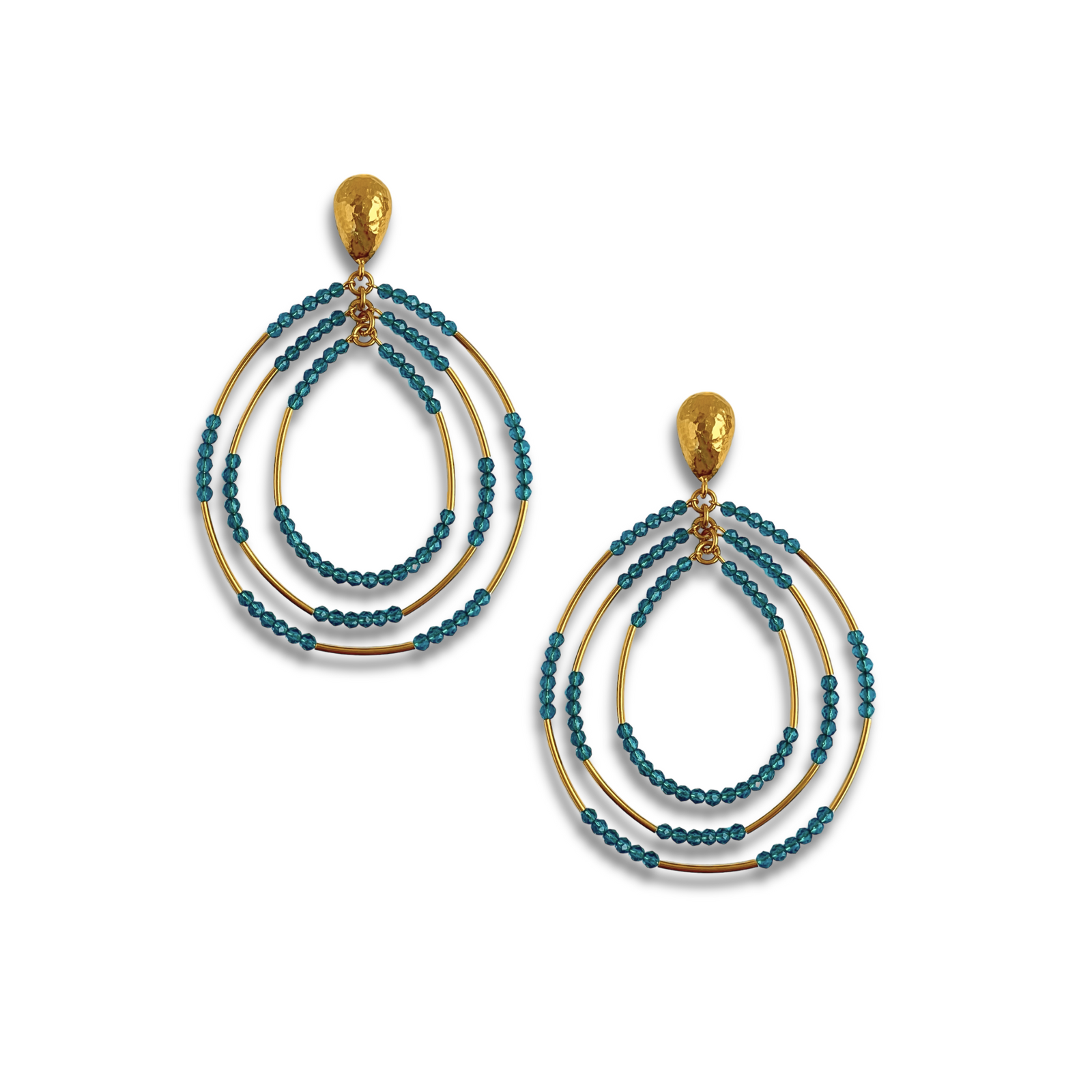 The Easy Breezy Turquoise Post Earrings by JAREDJAMIN Jewelry Online feature gold-plated teardrop studs with three concentric gold loops partially adorned with turquoise crystals for a bold, layered look.