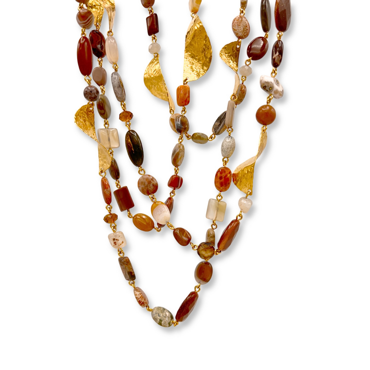 Los Geo Twist piedra preciosa Linked collar de JAREDJAMIN Joyería Online features layered jasper, 18K oro plated dijes, y a mix of brown, amber, y cream semi-precious stones linked by oro wire.
