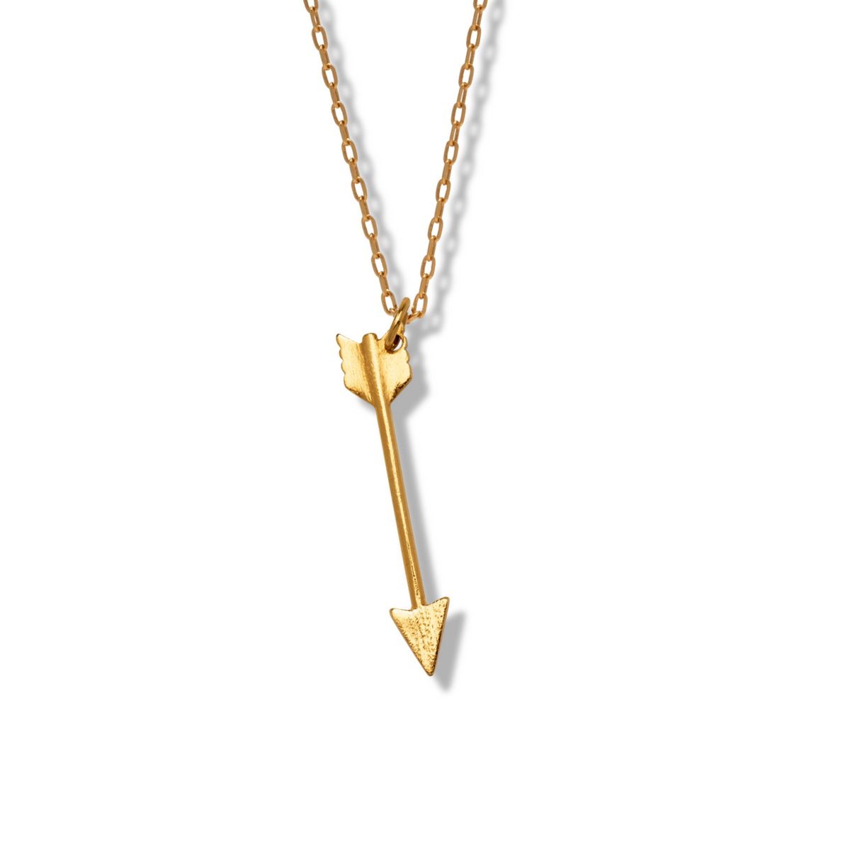 The JAREDJAMIN Jewelry Online Gold Arrow Pendant Charm Necklace features a Chandler Cable Chain and small arrow charm with pointed tip and fletching, crafted in matte 18K gold-plated finish, shown on a white background.
