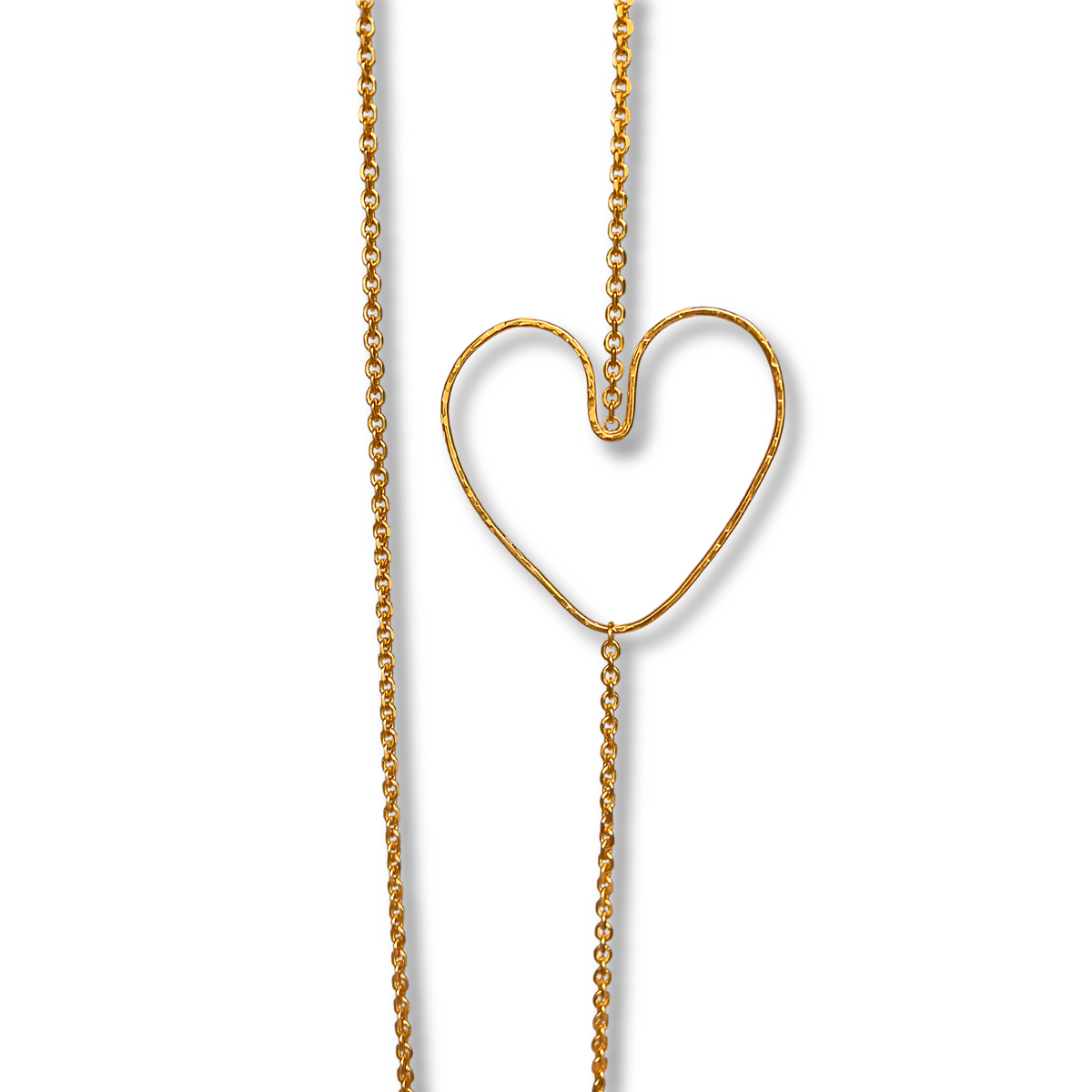 The Gold Fluttering Heart Chain Necklace by JAREDJAMIN Jewelry Online features a minimalist, heart-shaped pendant formed from fine 18K gold-plated wire, seamlessly integrated into the chain for a romantic touch.