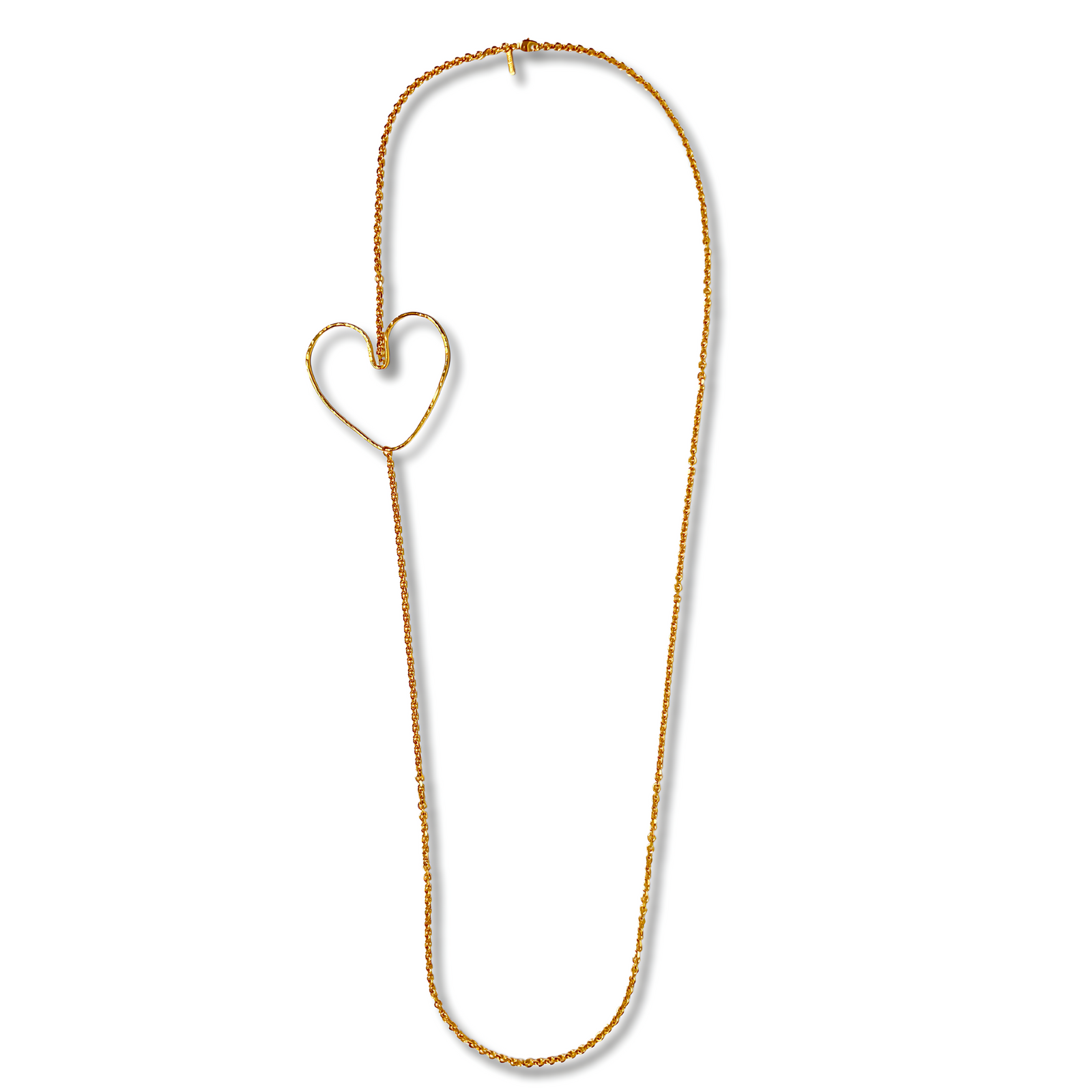 The Gold Fluttering Heart Chain Necklace by JAREDJAMIN Jewelry Online is arranged in a heart shape on the left side, with its elongated oval chain displayed against a plain white background, capturing romantic self-expression.