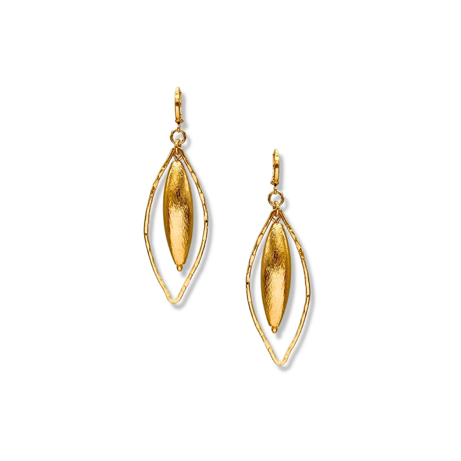 JAREDJAMIN Jewelry Online’s Zeppelin Haley Gold Leverback Earrings, Medium, feature 18K gold-plated, textured oval centers framed by open marquise-shaped wire and hang from secure leverback clasps for a chic modern look.