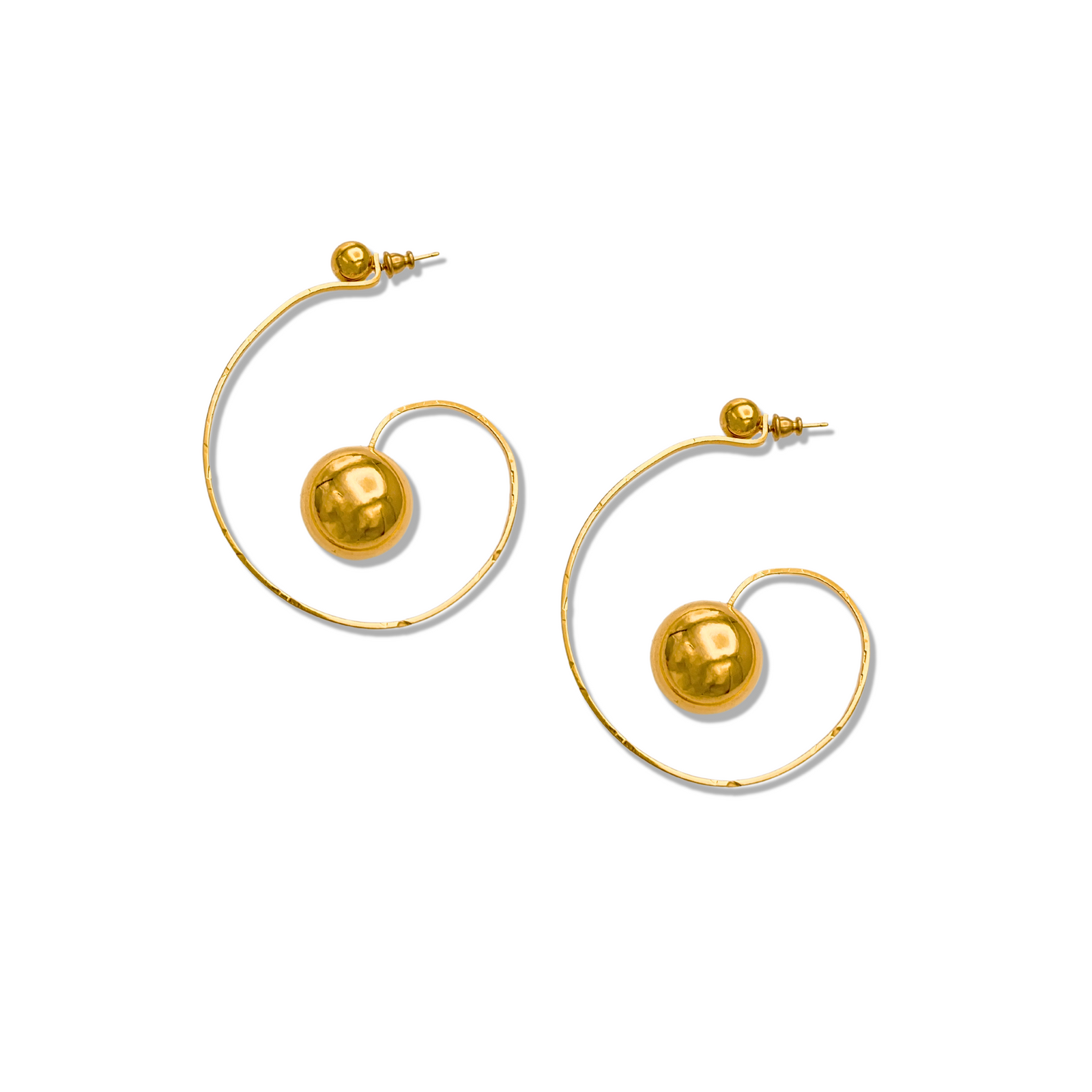 Discover the Orbita Swirl Hoop Post Earrings by JAREDJAMIN Jewelry Online—crafted in 18K gold with artistic spirals, a polished gold sphere, and elegant textured detailing for a sophisticated touch.