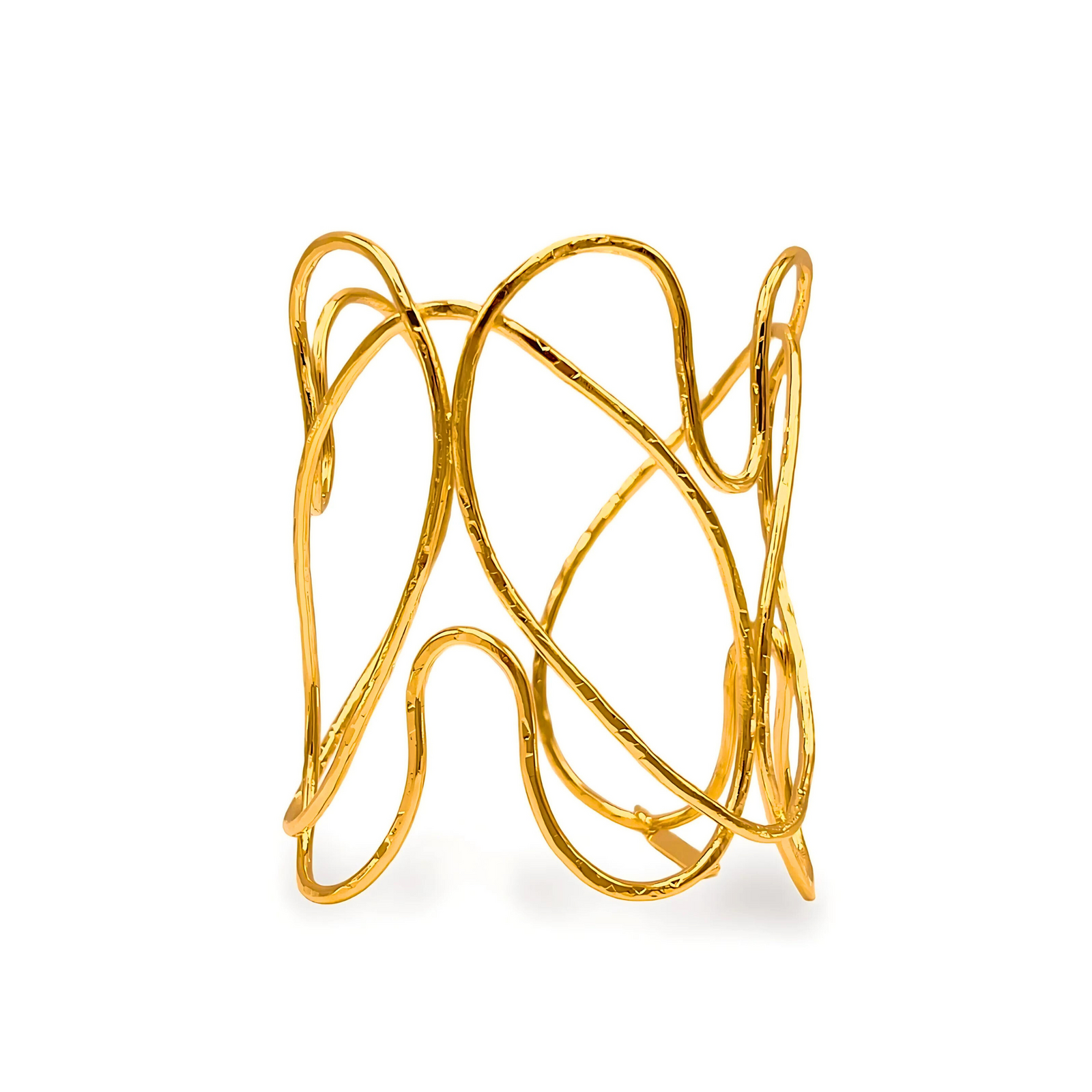 The Gold Fluttering Heart Cuff Bracelet by JAREDJAMIN Jewelry Online features an open 18K gold plate design with intersecting wavy lines, creating a modern, airy look with artistic flair and a shiny, reflective surface.