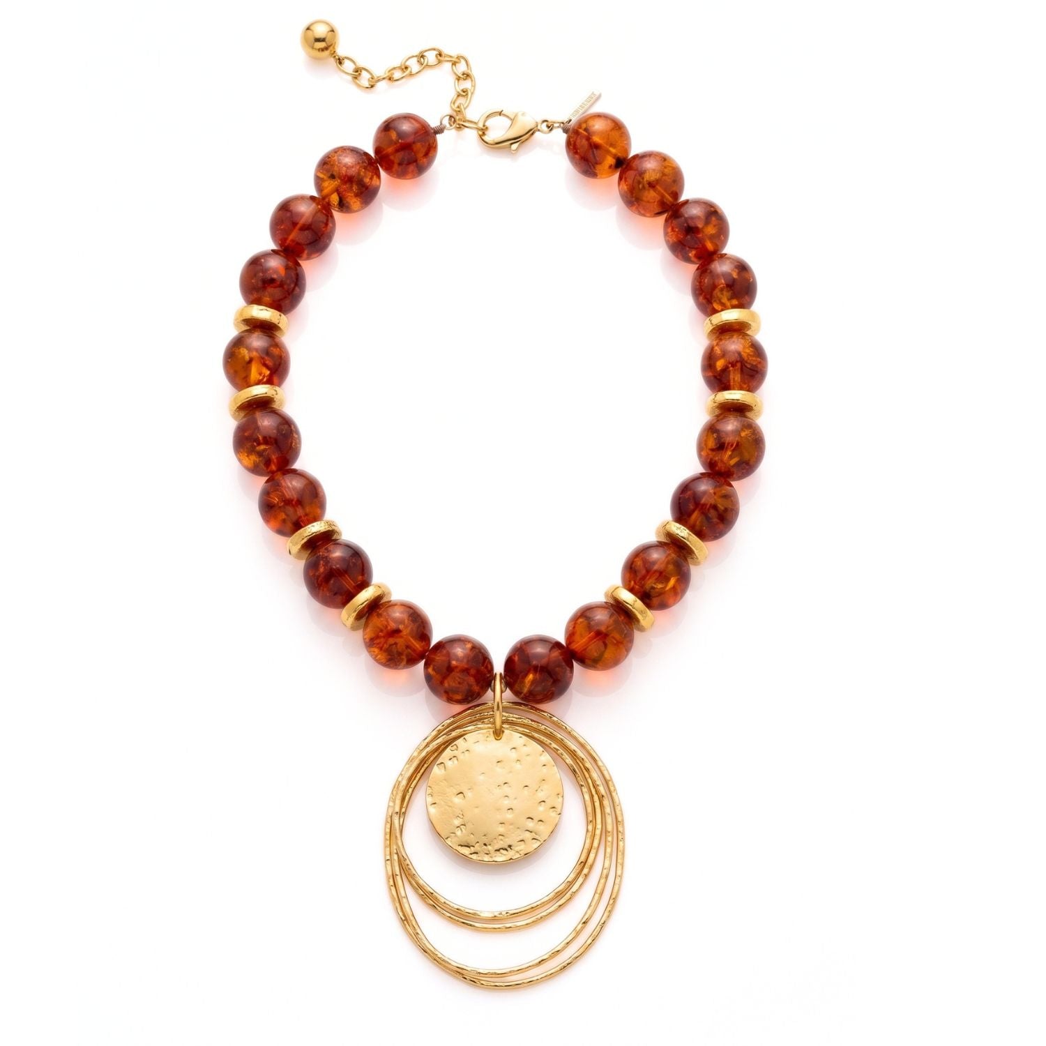 Jared Jamin Peacock Dawn Statement Pendant in Amber, featuring a large 4-inch hand-textured 18K gold 'eye' pendant on an 18.5-inch strand of warm golden amber beads with gold puck-bead accents