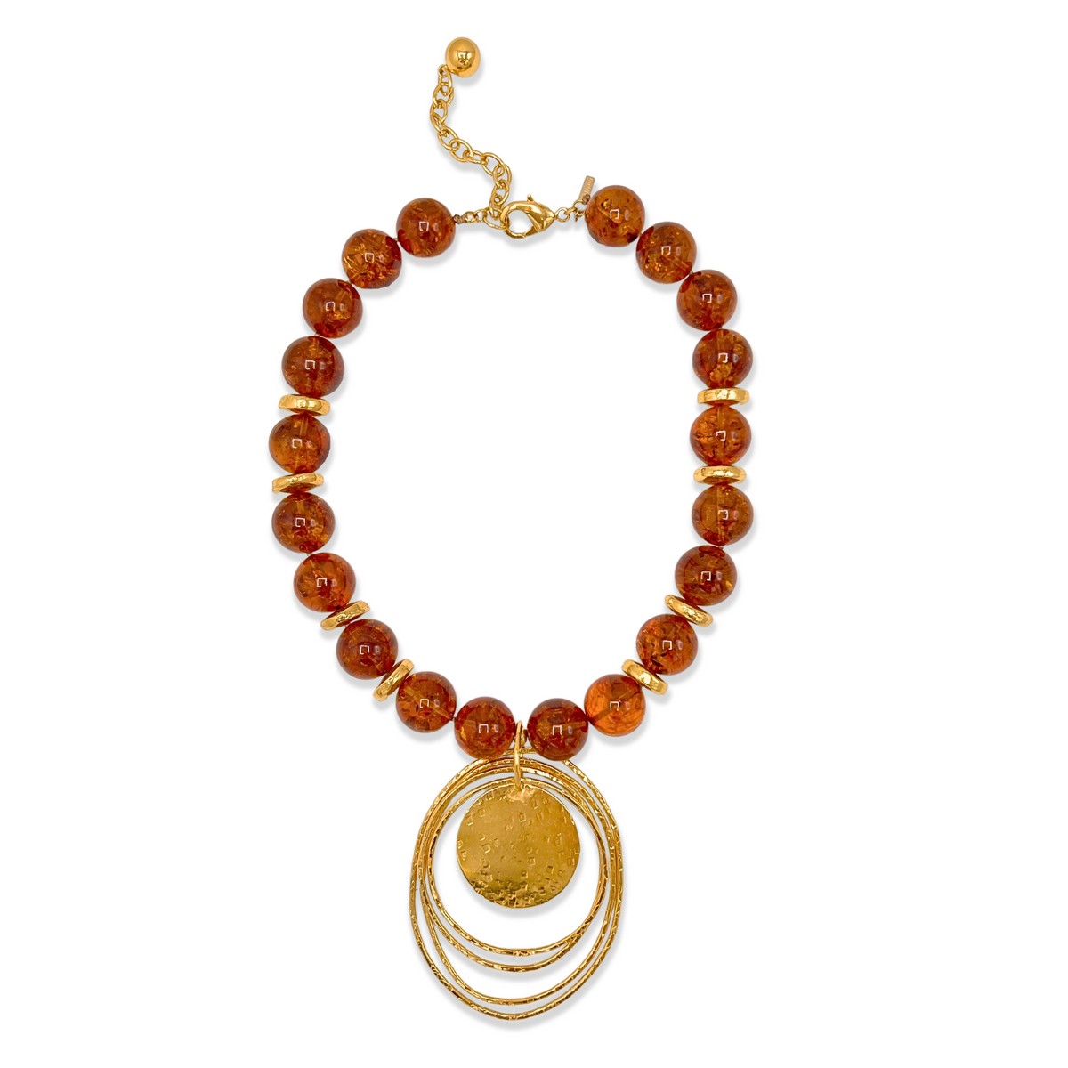 Jared Jamin Peacock Dawn llamativo colgante in Amber, con a large 4-inch hand-texturizado 18K oro 'eye' colgante on an 18.5-inch strand of warm golden amber beads con oro puck-bead accents