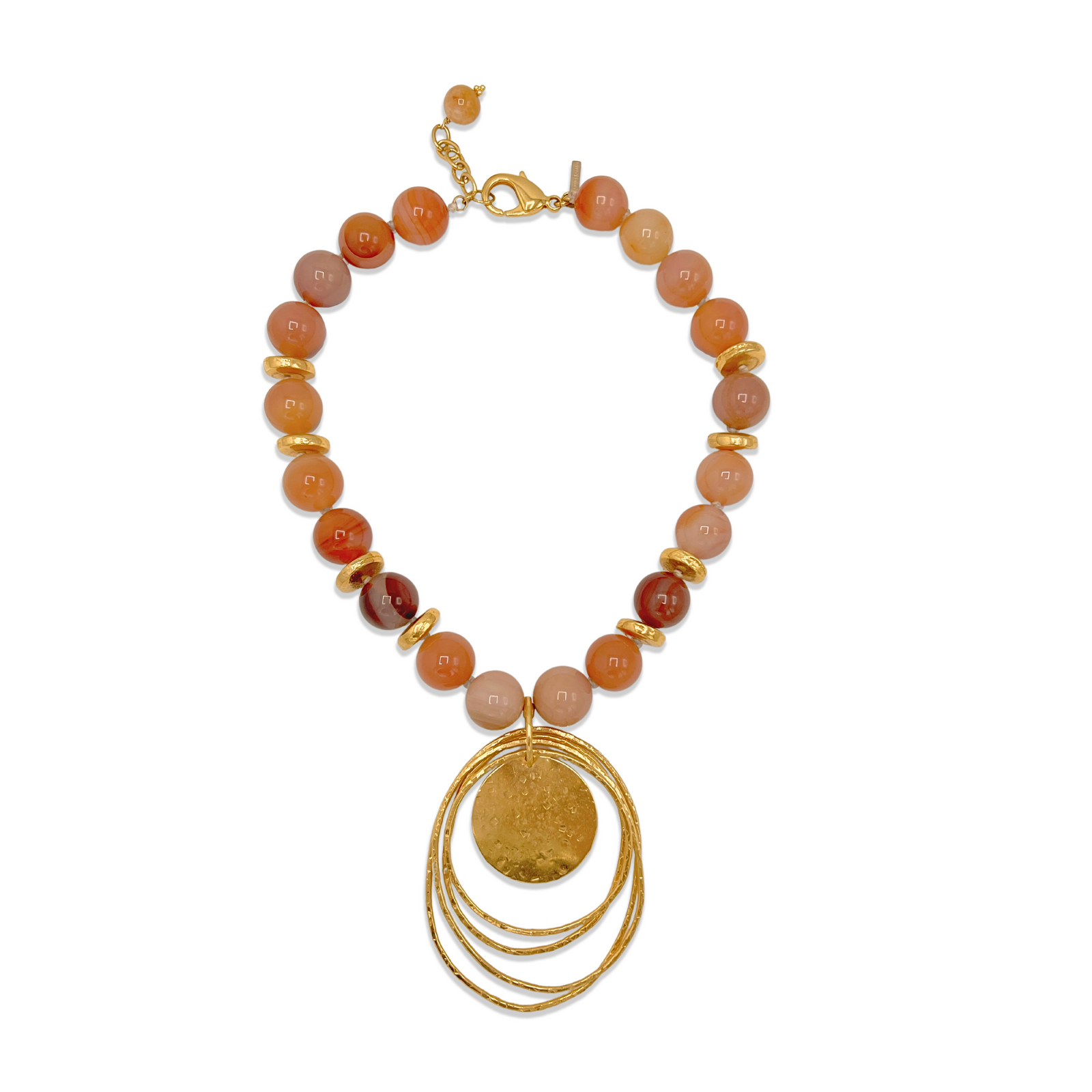 The Peacock Dawn Pendant Peach Agate Necklace by JAREDJAMIN Jewelry Online features round reddish-brown beads, gold spacer rings, an 18k Gold Plated Peacock Eye Pendant with textured detail, three gold wire loops, a gold clasp, and an extra closure bead.