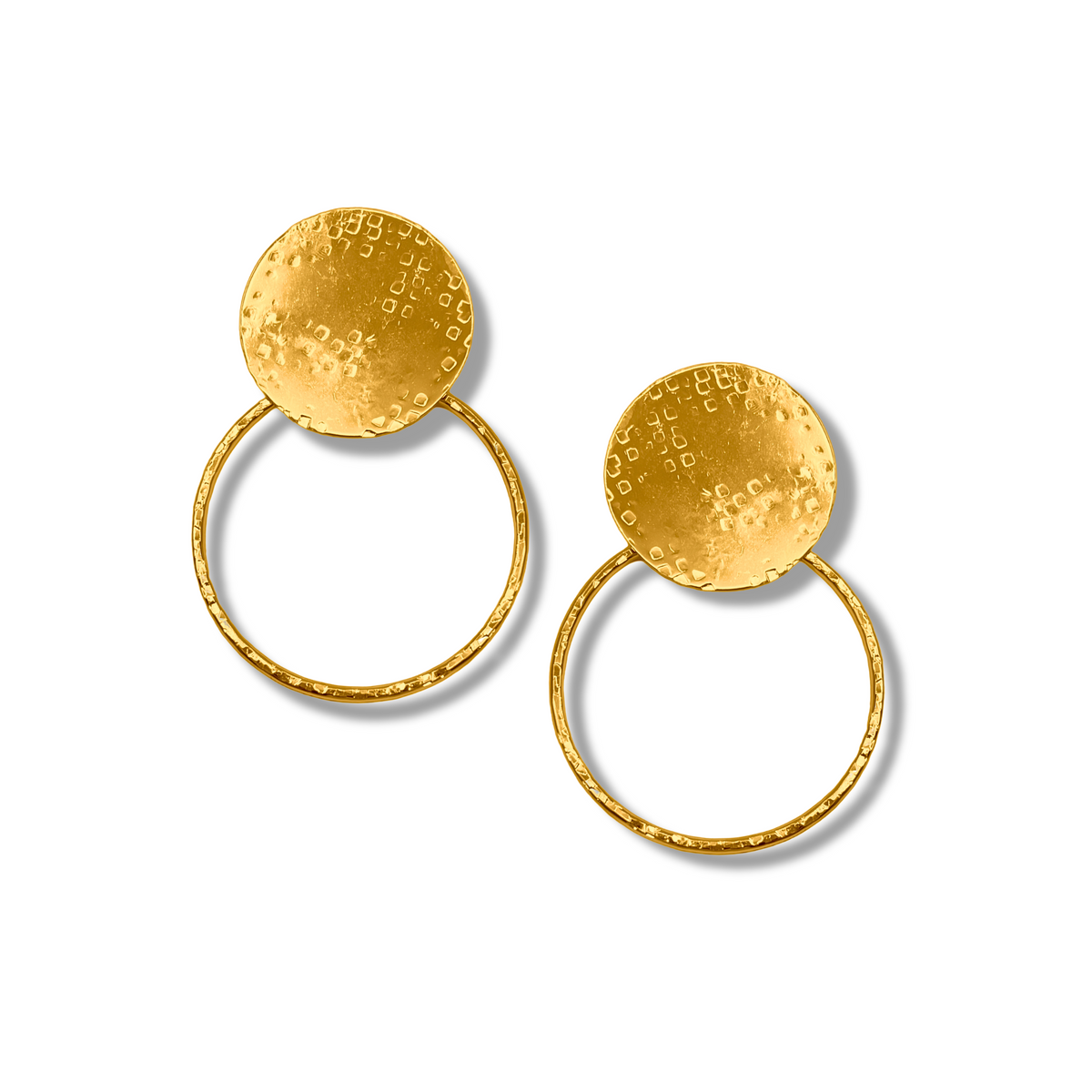 JAREDJAMIN Gold Peacock Swing Earrings: 3.75-inch 18k gold-plated textured coin tops with free-moving hammered door-knocker rings, available in post or clip-on variants.