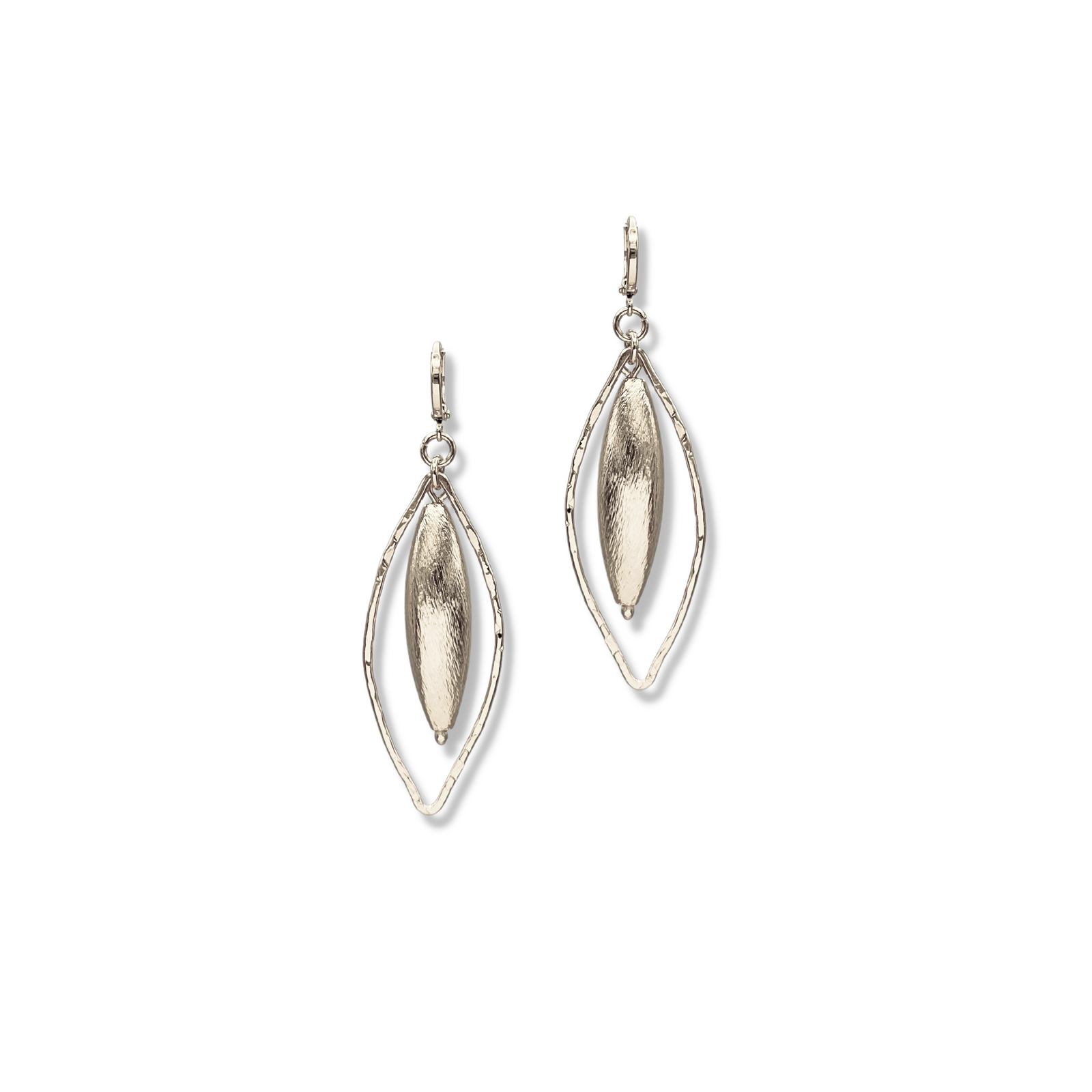 The Zeppelin Haley Silver Leverback Earrings Small by JAREDJAMIN Jewelry Online feature elongated textured oval pendants with Zeppelin beads suspended in marquise-shaped hammered wire frames and secure leverback fastening.