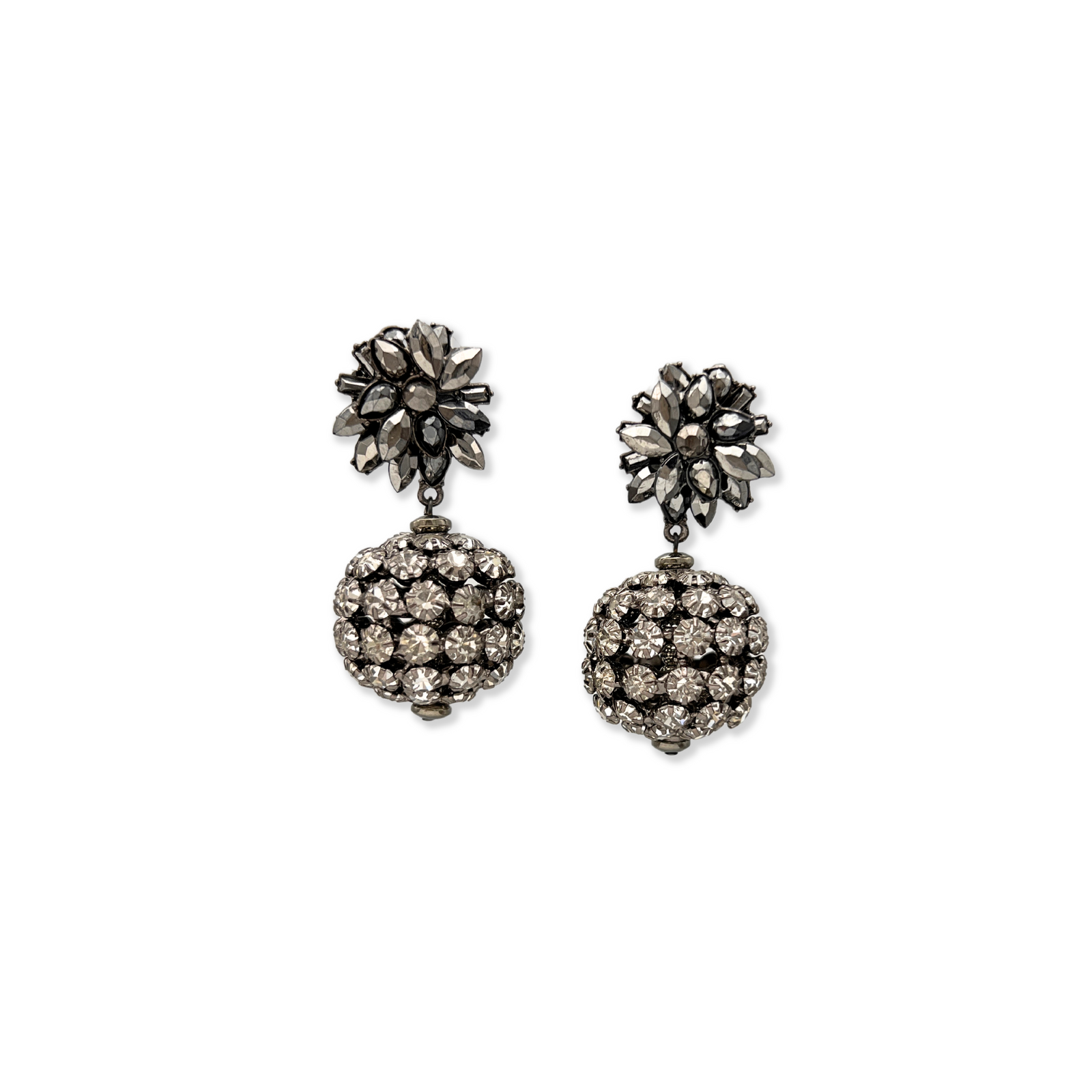 The Sparkling Bloom Earrings by JAREDJAMIN Jewelry Online feature silver-toned floral motifs, marquise stones, and a crystal-studded sphere drop in a vintage-inspired design with pewter-cast posts.