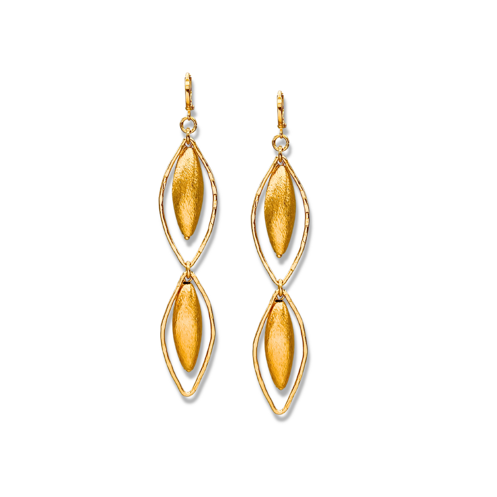 The Zeppelin Double Haley Gold Leverback Earrings by JAREDJAMIN Jewelry Online feature 18K gold-plated, elongated oval dangles with two textured leaf-like elements suspended in open frames and are finished with secure leverback clasps.