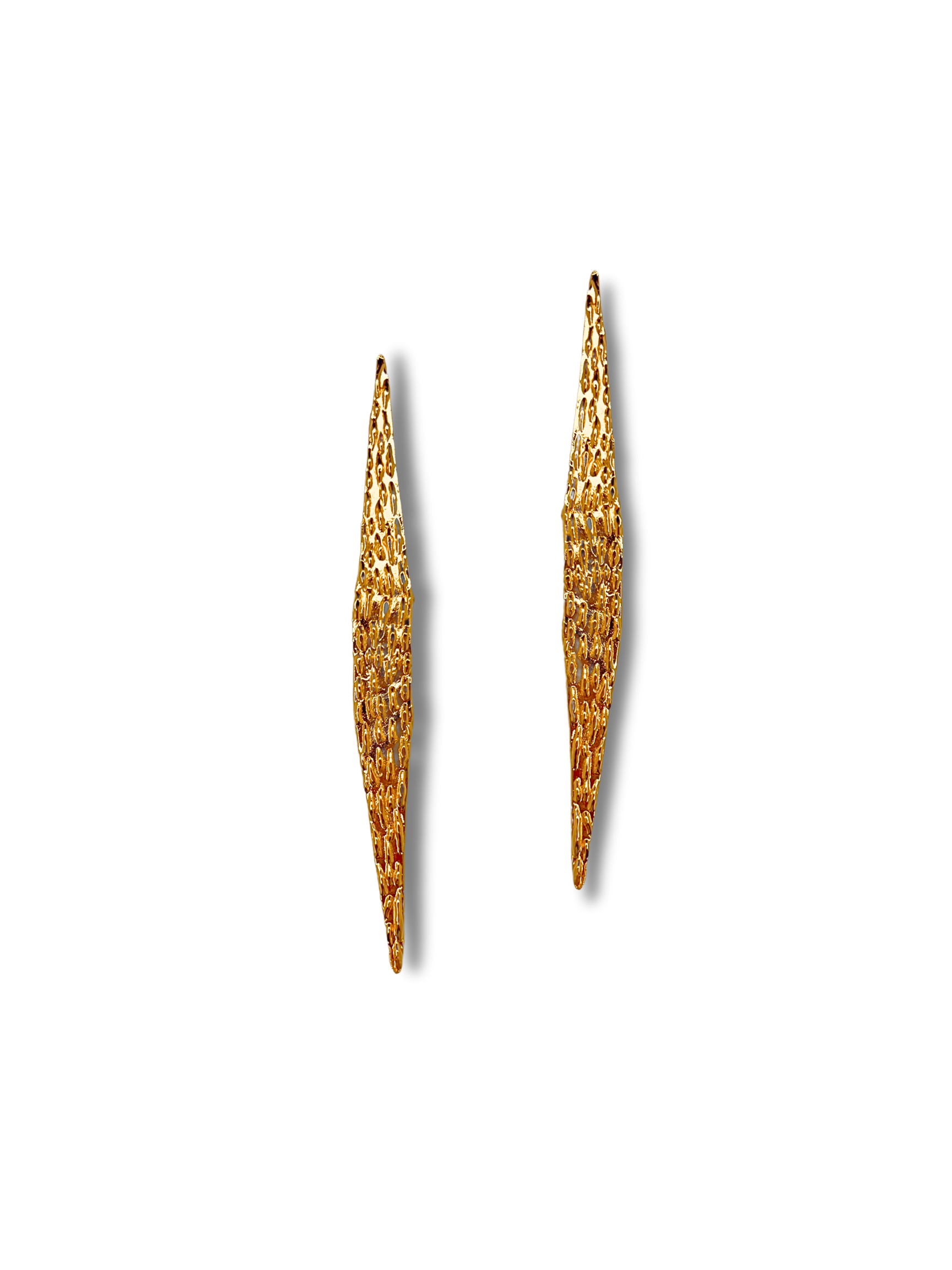 The Jaguaretê Earrings by JAREDJAMIN Jewelry Online, crafted in 18K gold with a textured lattice design, stand symmetrically against a plain white background, casting soft shadows.