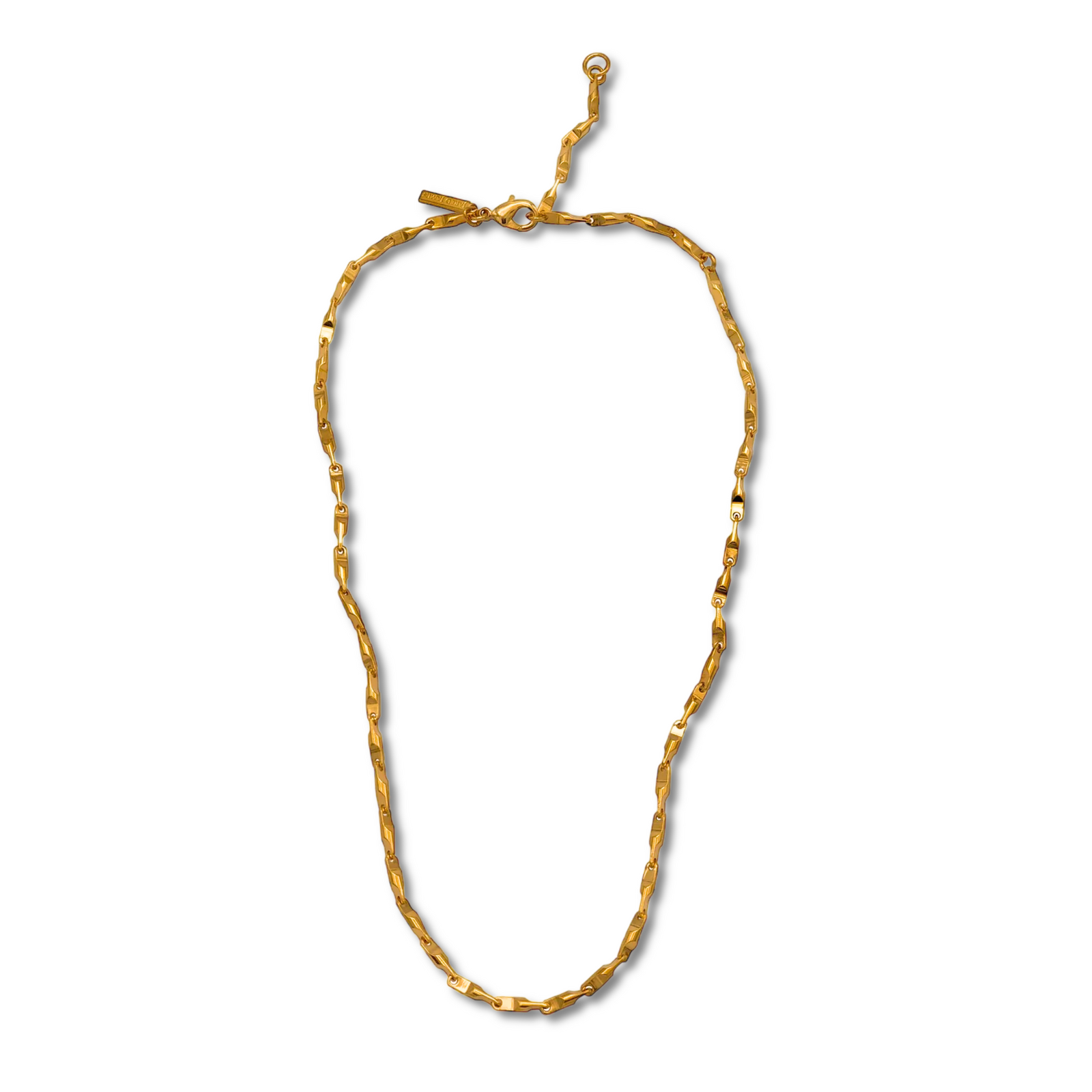 The Gold Bobby Bar-Link Chain Necklace by JAREDJAMIN Jewelry Online features elongated, irregular 18K gold-plated links and a lobster clasp with extension, shown on a white background with shadows beneath its oval shape.