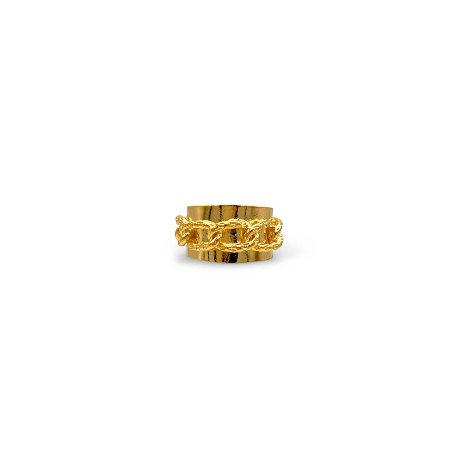 The Gold Charlie Chain Mens Ring by JAREDJAMIN Jewelry Online features a wide 18K gold-plated shine with a raised chain-link center, offering a bold and elegant look that stands out against the plain white background.