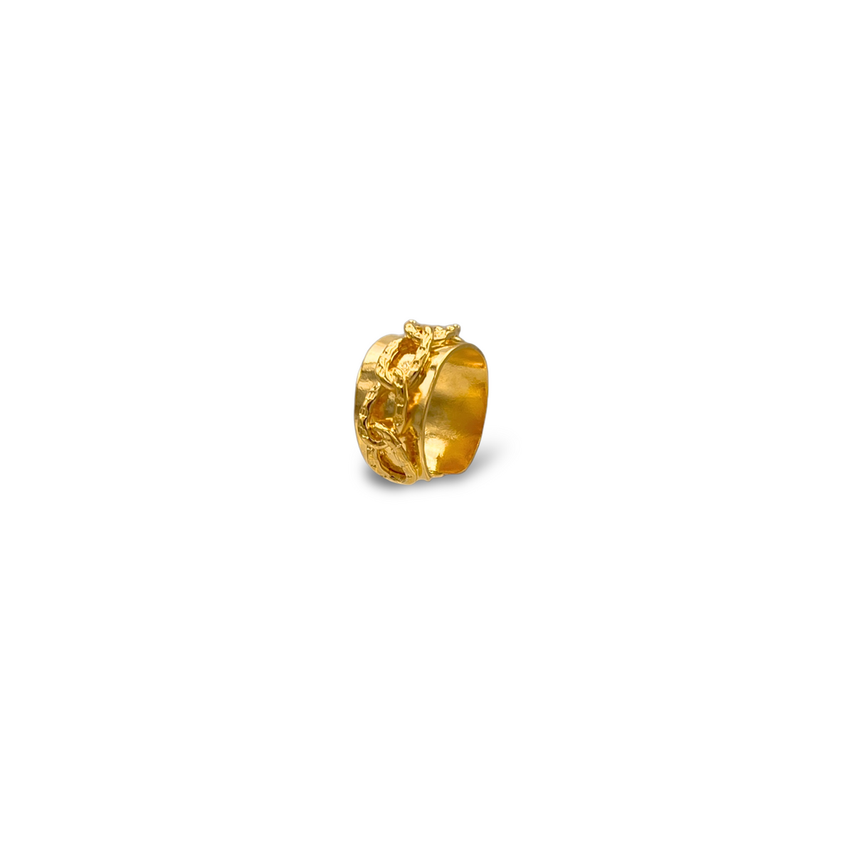 The Gold Charlie Chain Mens Ring by JAREDJAMIN Jewelry Online features a chunky 18K gold plate, sculpted textured band, and raised design. Its open shank adds boldness, while a shiny surface highlights its details against a white background.
