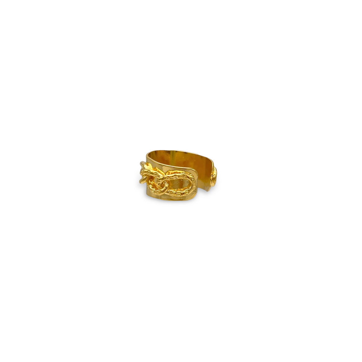 The Gold Charlie Chain Mens Ring by JAREDJAMIN Jewelry Online showcases a bold open shank design with a raised, detailed dragon motif on the front, finished in 18K gold plate. Photographed on a plain white background.