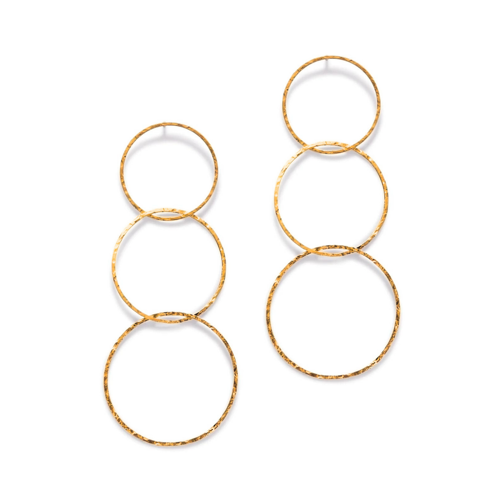 The Gold Lindy Links Post Earrings by JAREDJAMIN Jewelry Online feature three interlinked circles in a vertical row, crafted from 18K gold with never-tarnish E-coating and a hammered finish for a unique, handcrafted look.