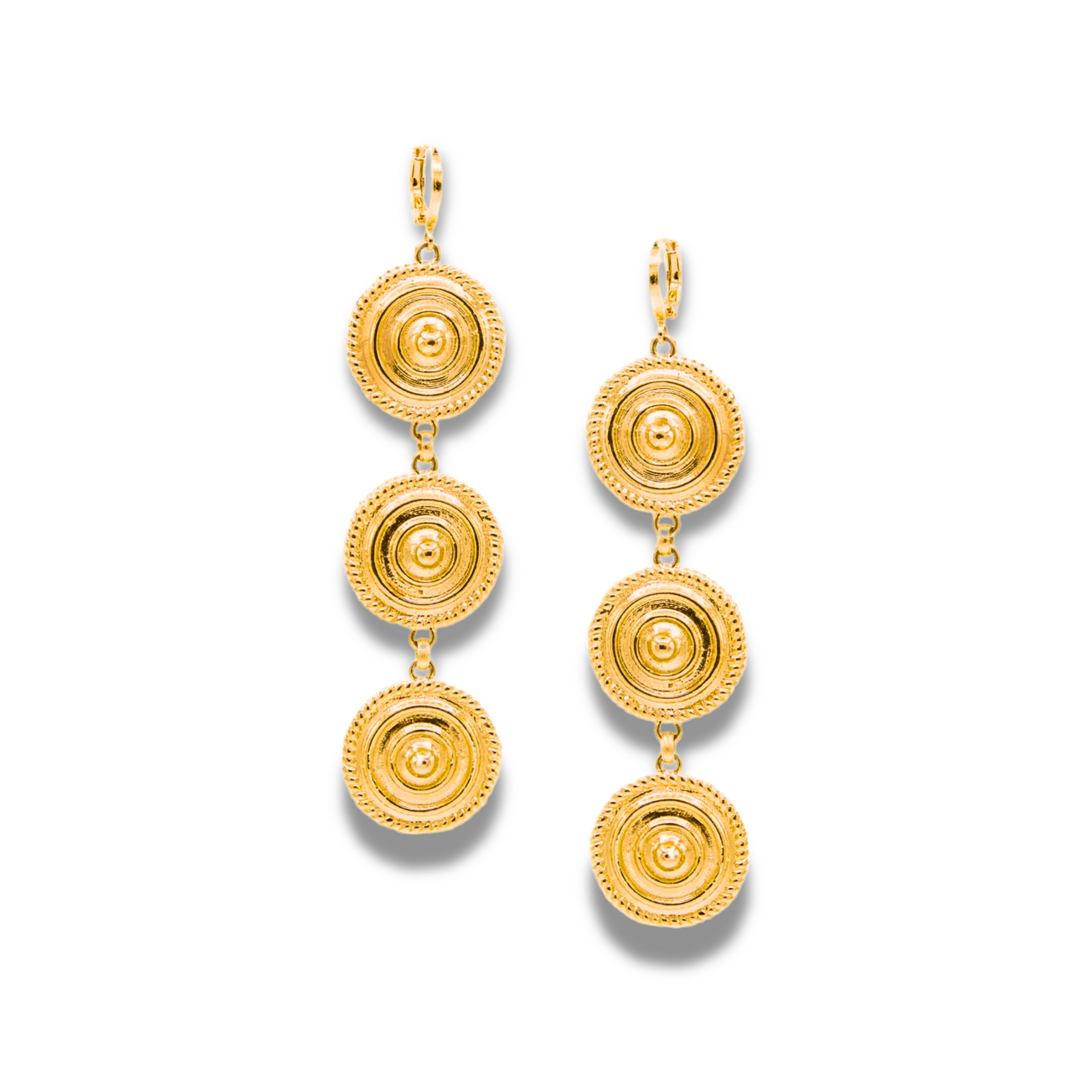 The Gold Minerva Leverback Earrings by JAREDJAMIN Jewelry Online are 18K gold-plated drop earrings with three vertically connected ridged discs, textured edges, and secure lever-back fastenings, shown against a white background.