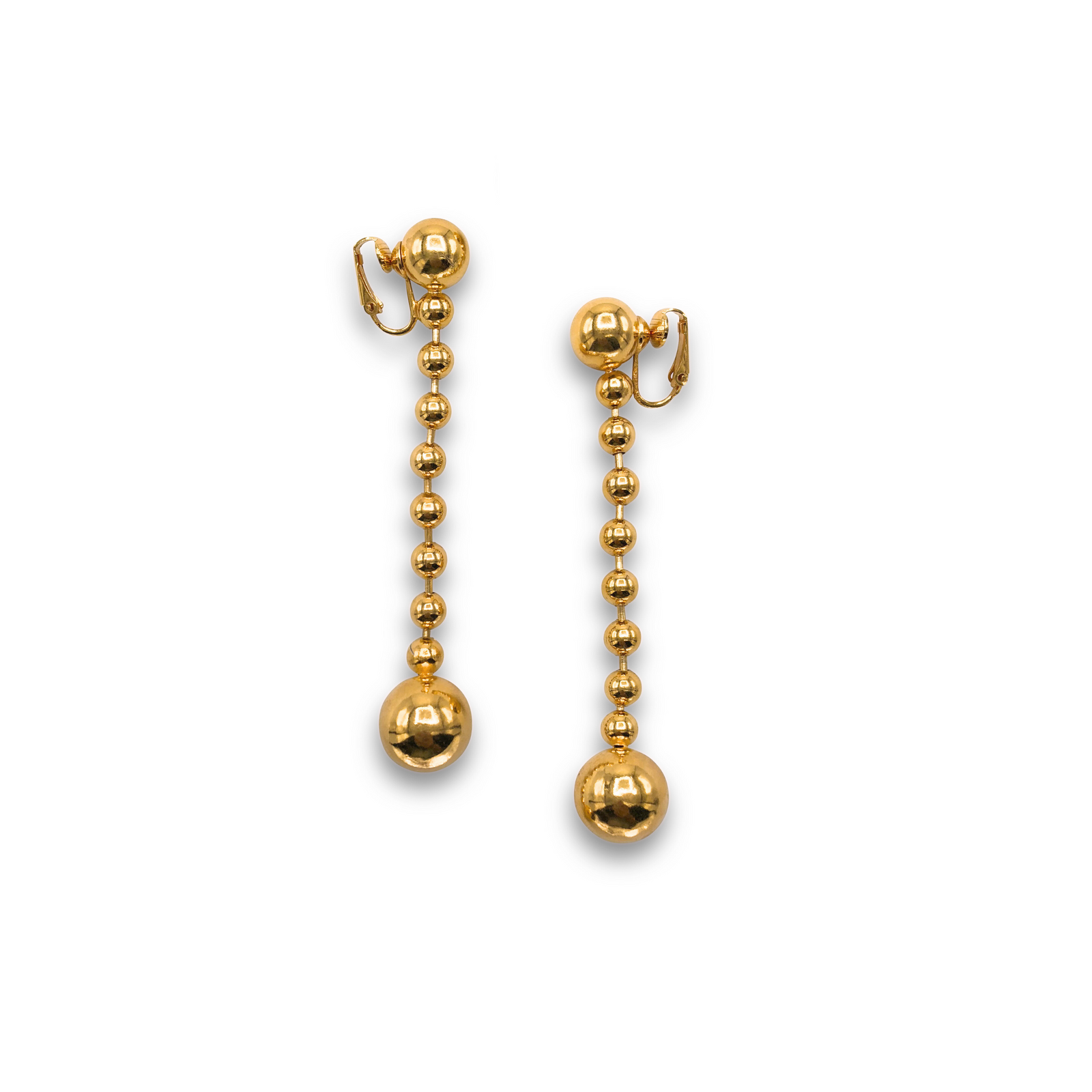 The Gold Orbita Constellation Clip On Earrings by JAREDJAMIN Jewelry Online feature 18K gold over brass, with a vertical row of graduated beads ending in a large orb. Displayed on a plain white background for a refined, elegant presentation.